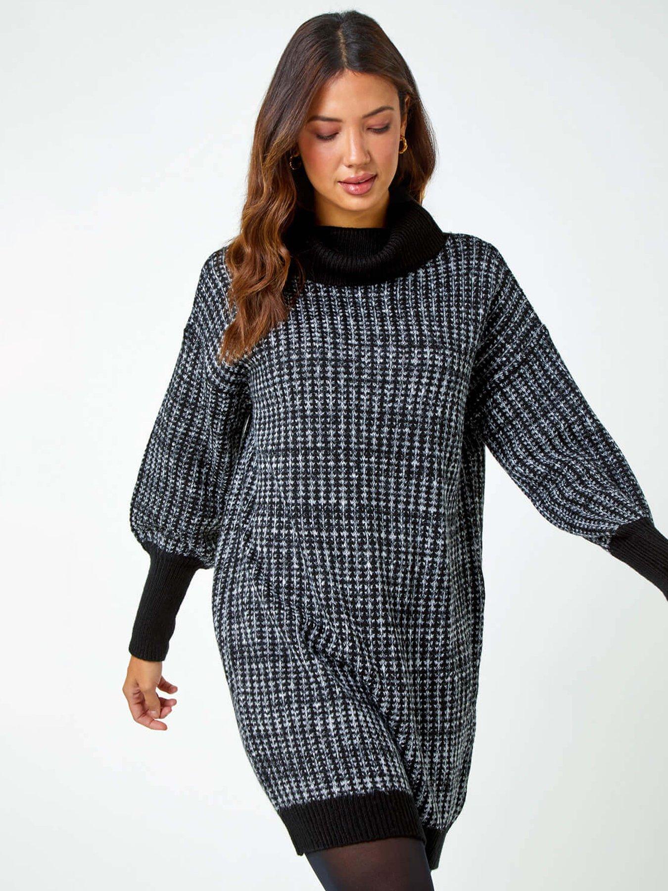  image of roman-contrast-roll-neck-jumper-dress-charcoal