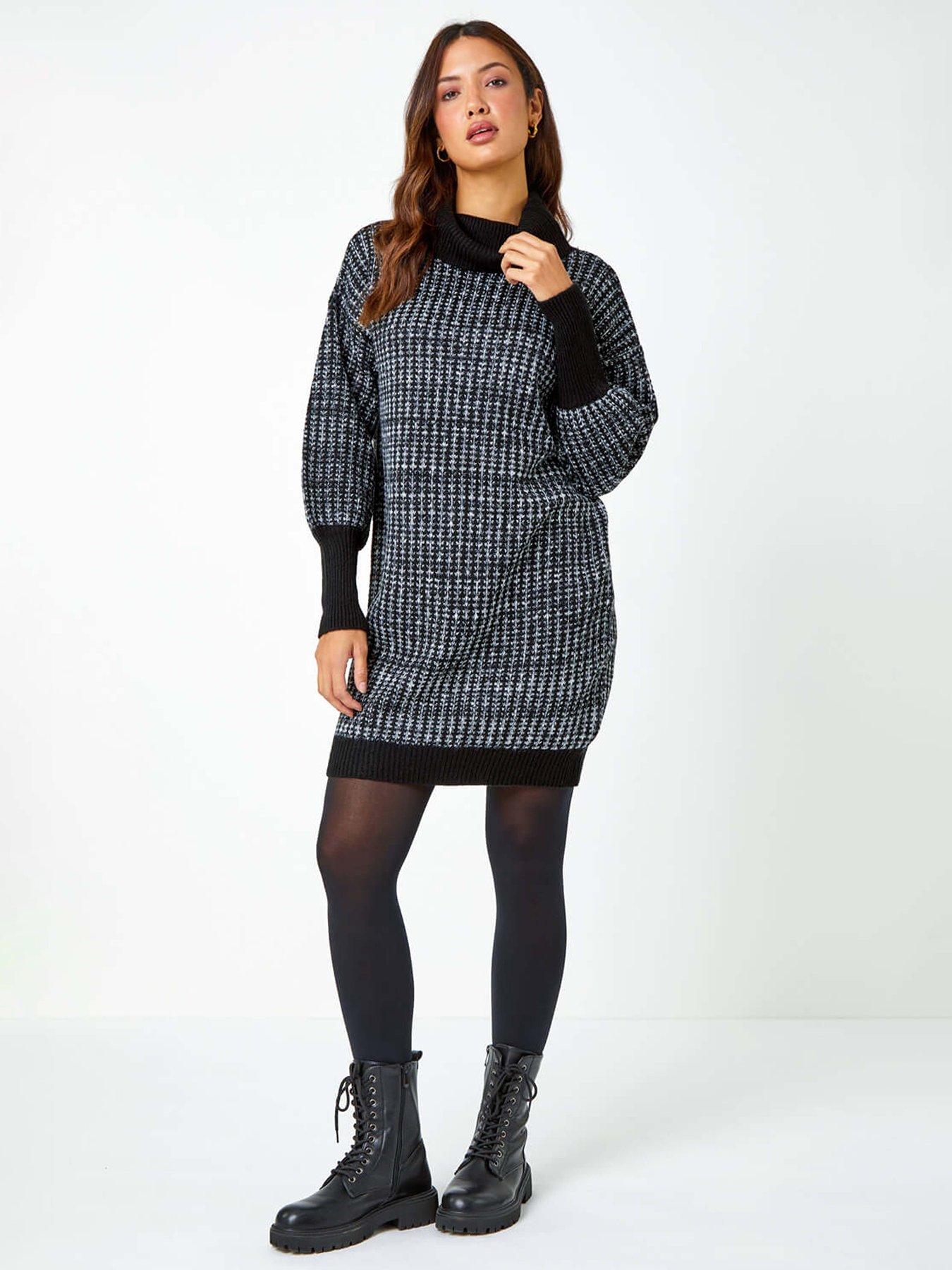  image of roman-contrast-roll-neck-jumper-dress-charcoal