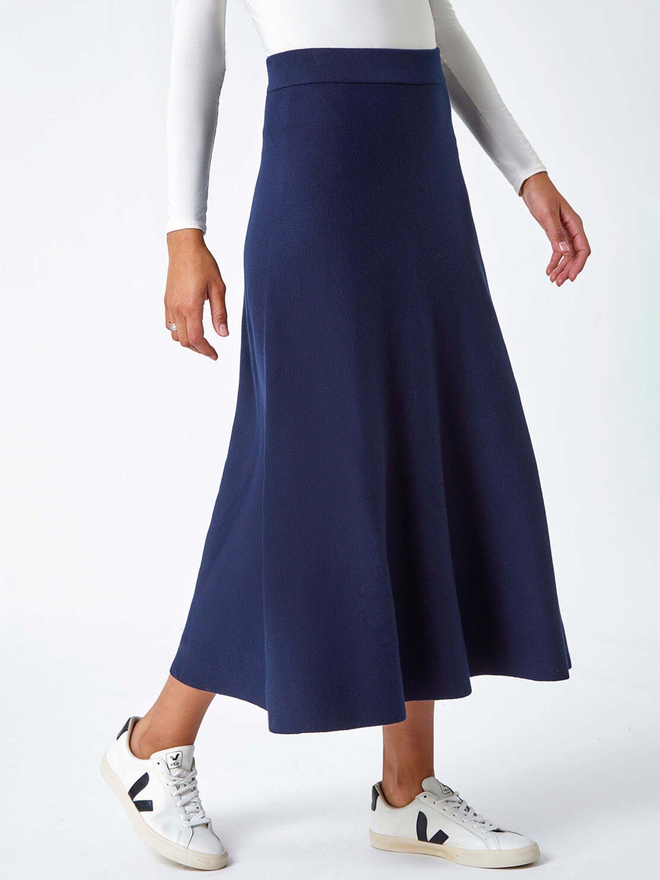 Image 1 of 5 of Roman Plain Knitted A Line Midi Skirt - Midnight Blue
