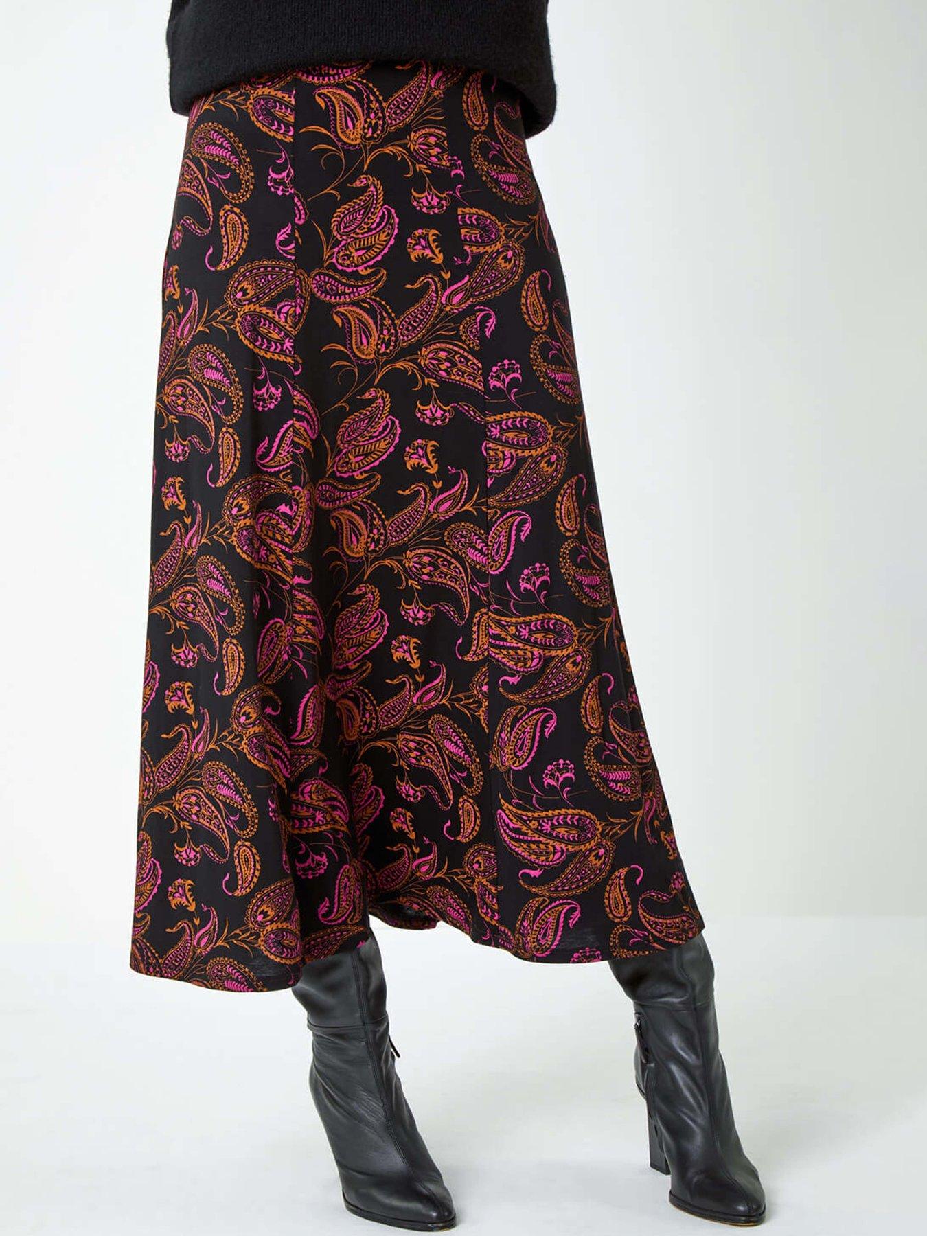 Roman Paisley Print Midi Stretch Skirt - Pink