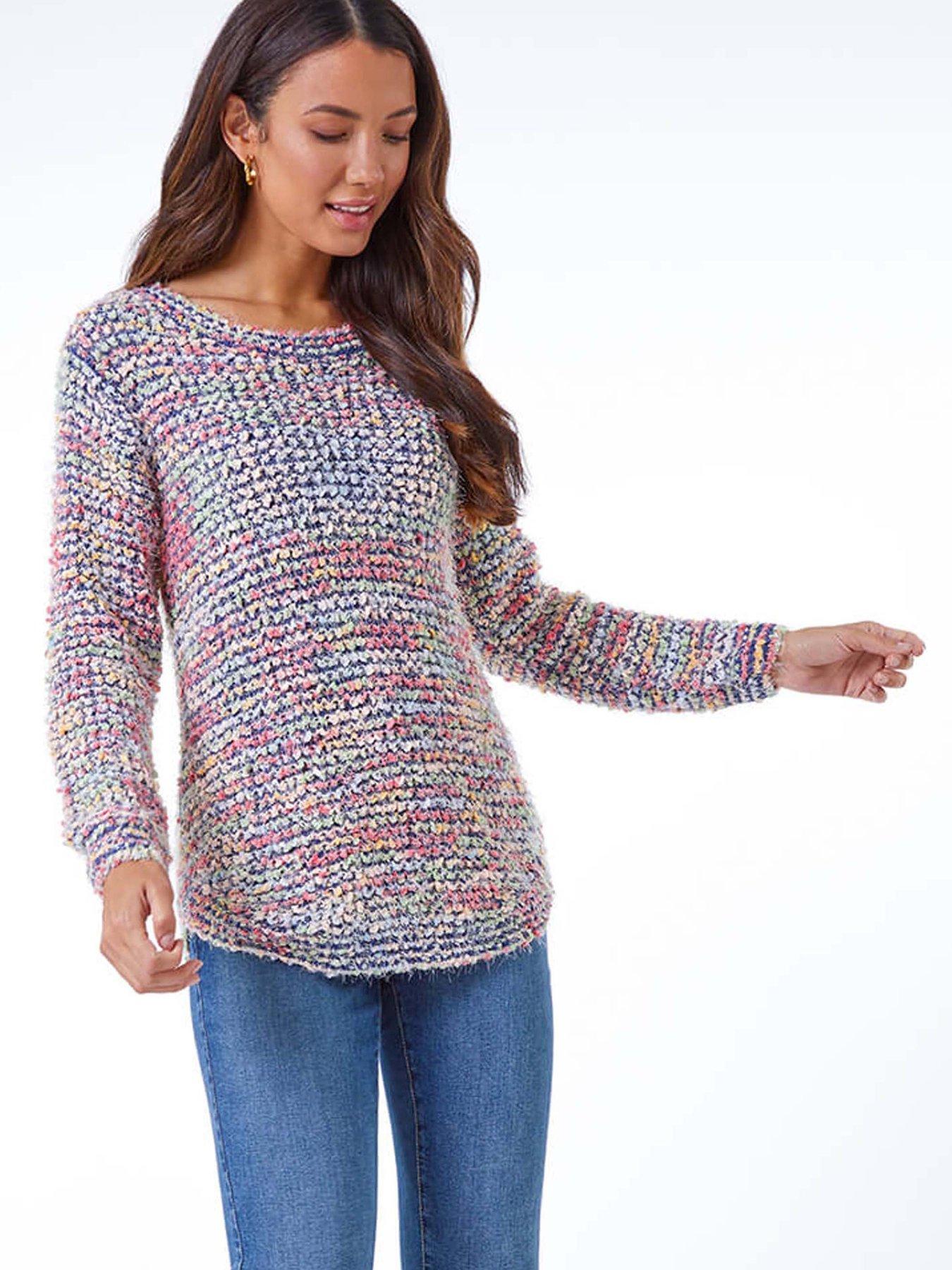 Image 1 of 5 of Roman Fluffy Striped Curve Hem Jumper - Blue