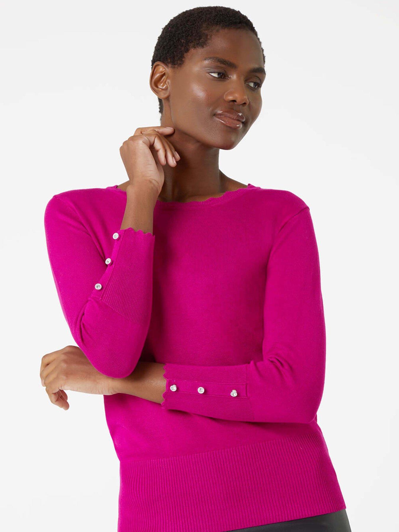 Roman Diamante Button Scallop Edge Jumper - Fuchsia
