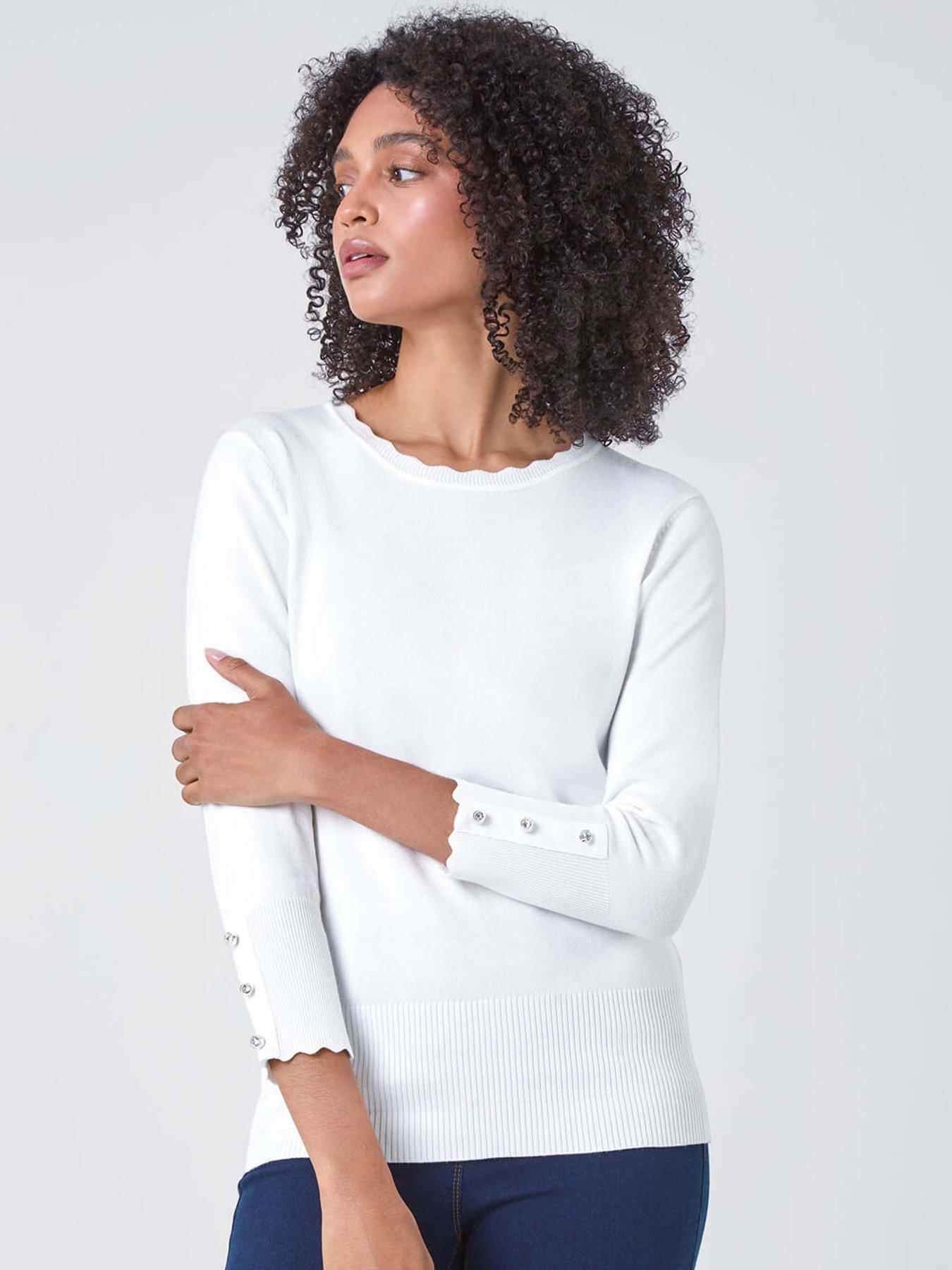 Roman Diamante Button Scallop Edge Jumper - Ivory