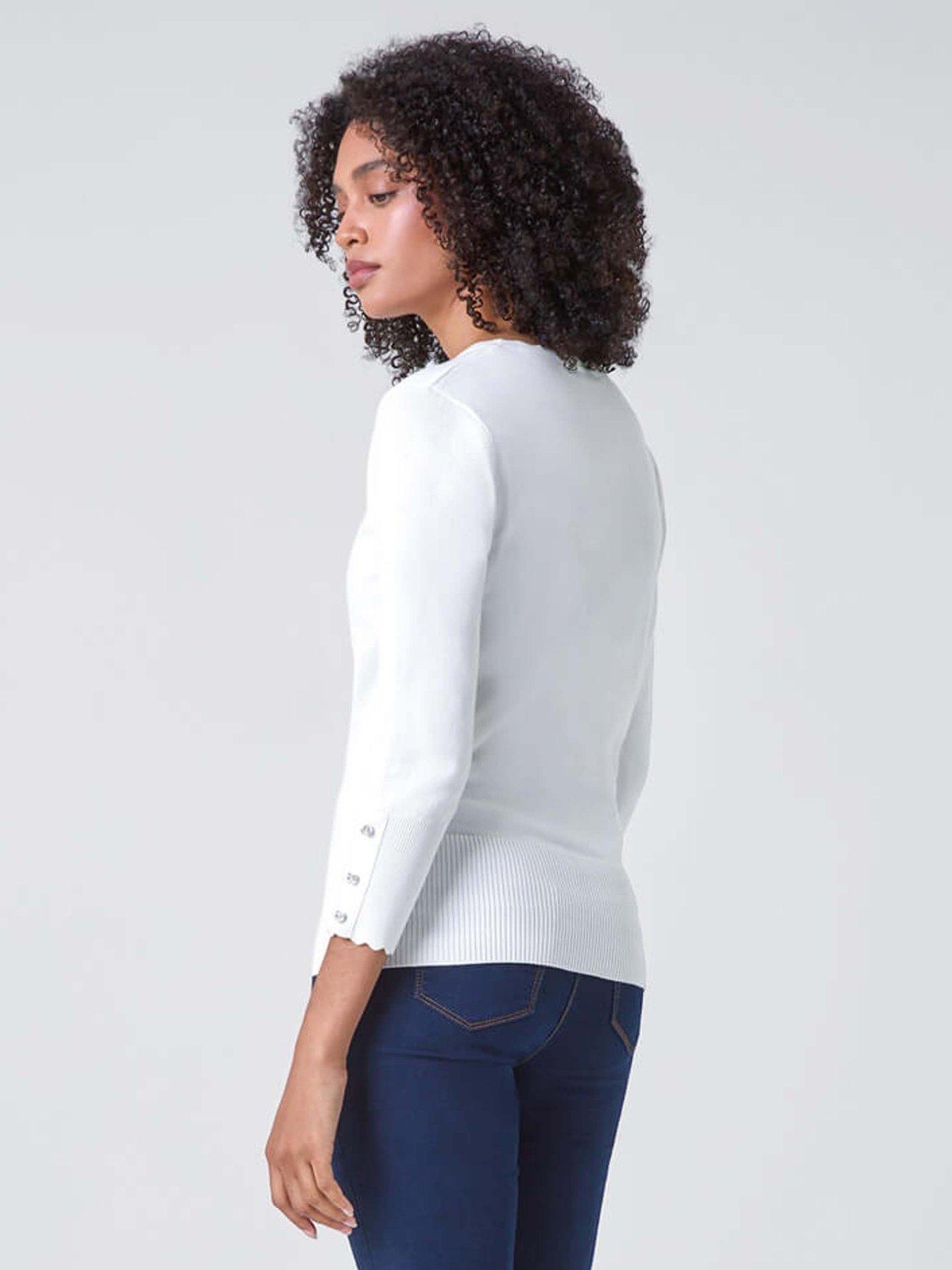 Image 2 of 5 of Roman Diamante Button Scallop Edge Jumper - Ivory