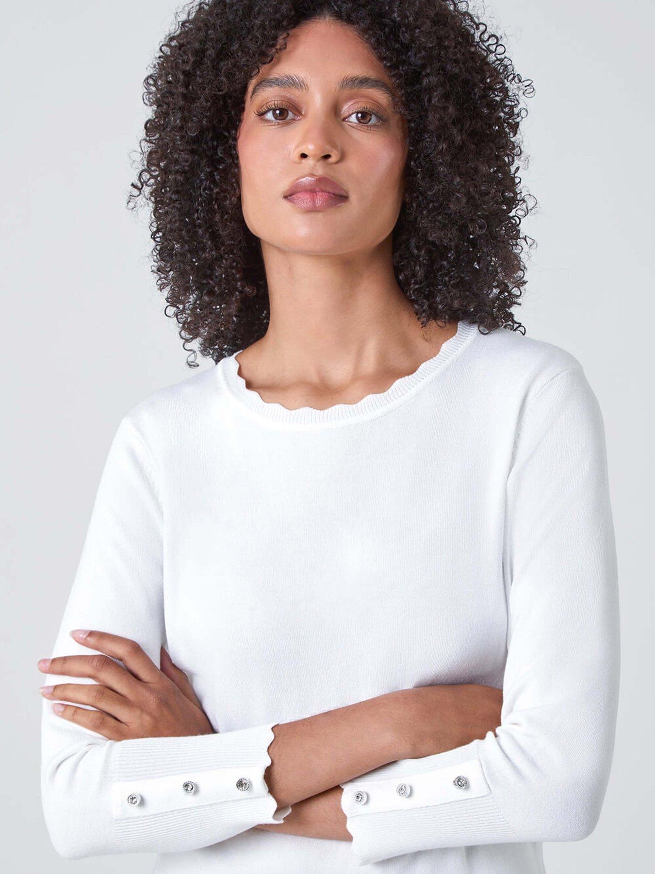 Image 4 of 5 of Roman Diamante Button Scallop Edge Jumper - Ivory