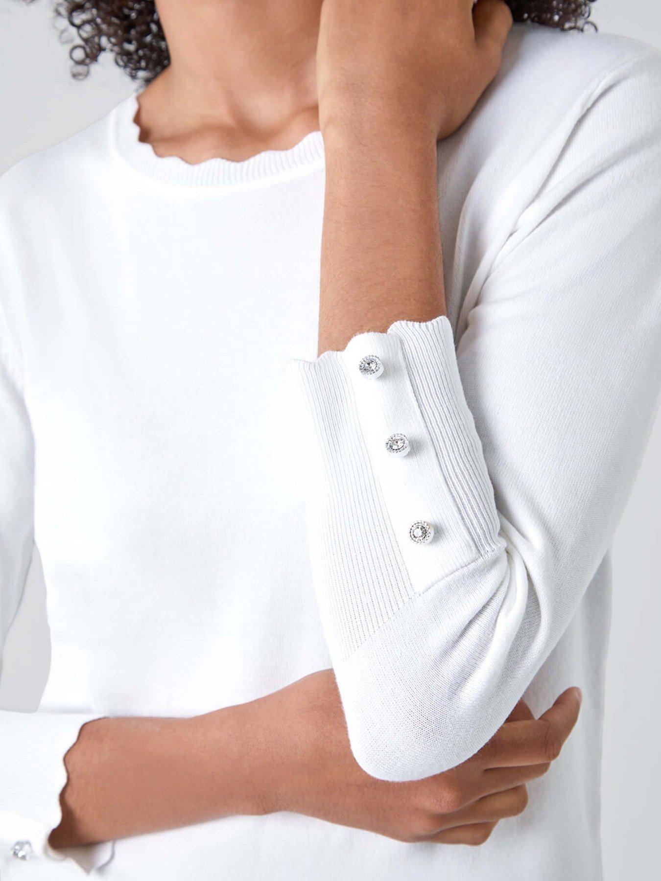 Image 5 of 5 of Roman Diamante Button Scallop Edge Jumper - Ivory
