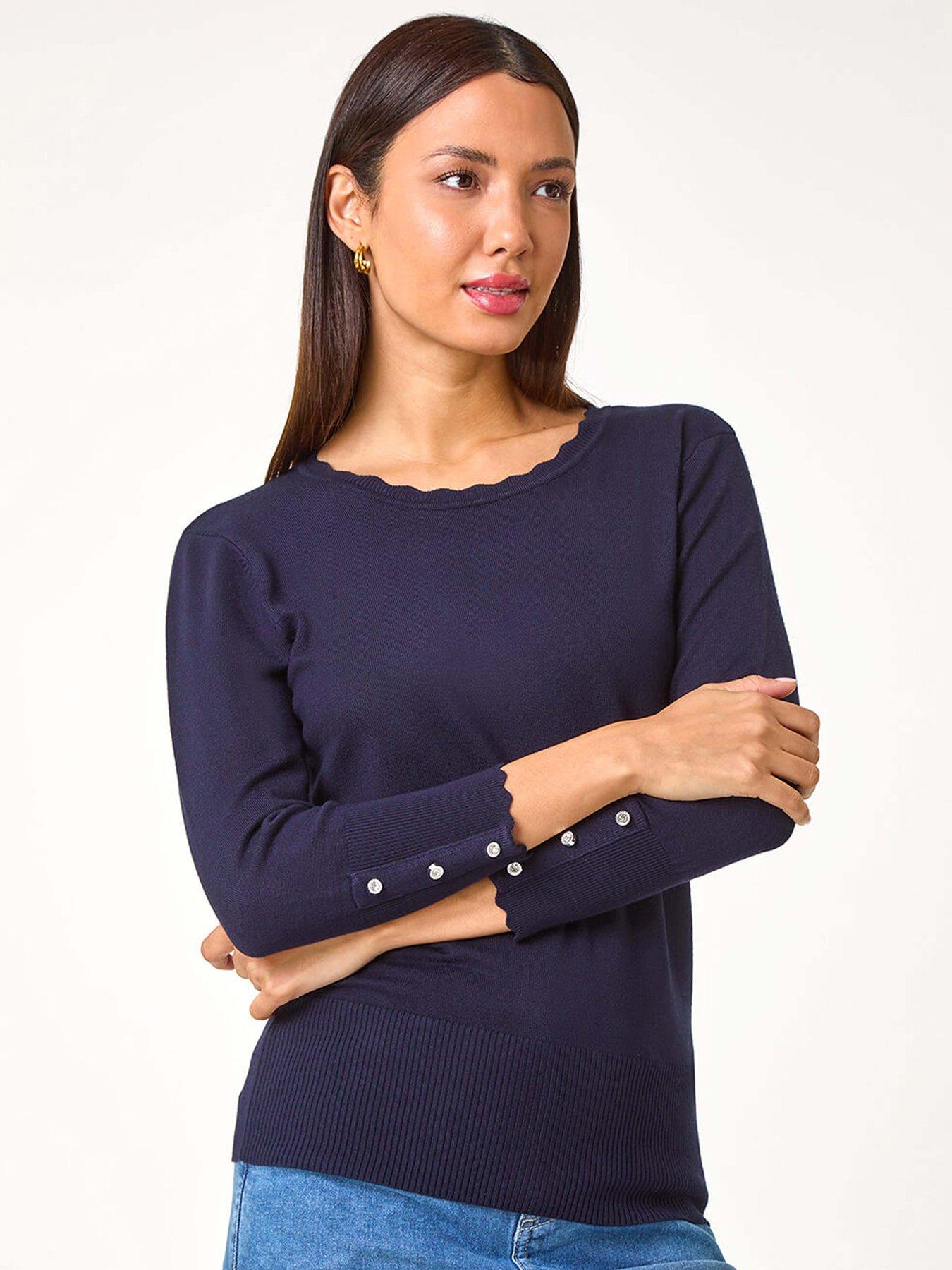 Image 1 of 5 of Roman Diamante Button Scallop Edge Jumper - Midnight Blue
