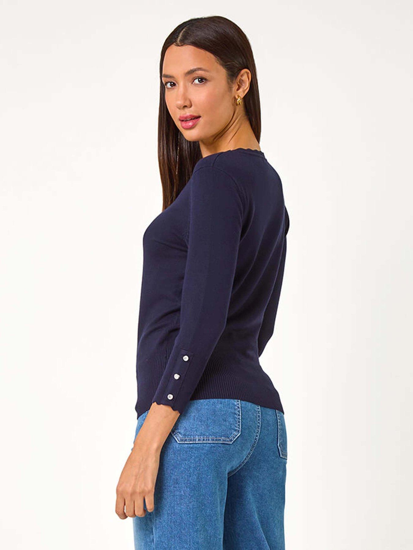 Image 2 of 5 of Roman Diamante Button Scallop Edge Jumper - Midnight Blue
