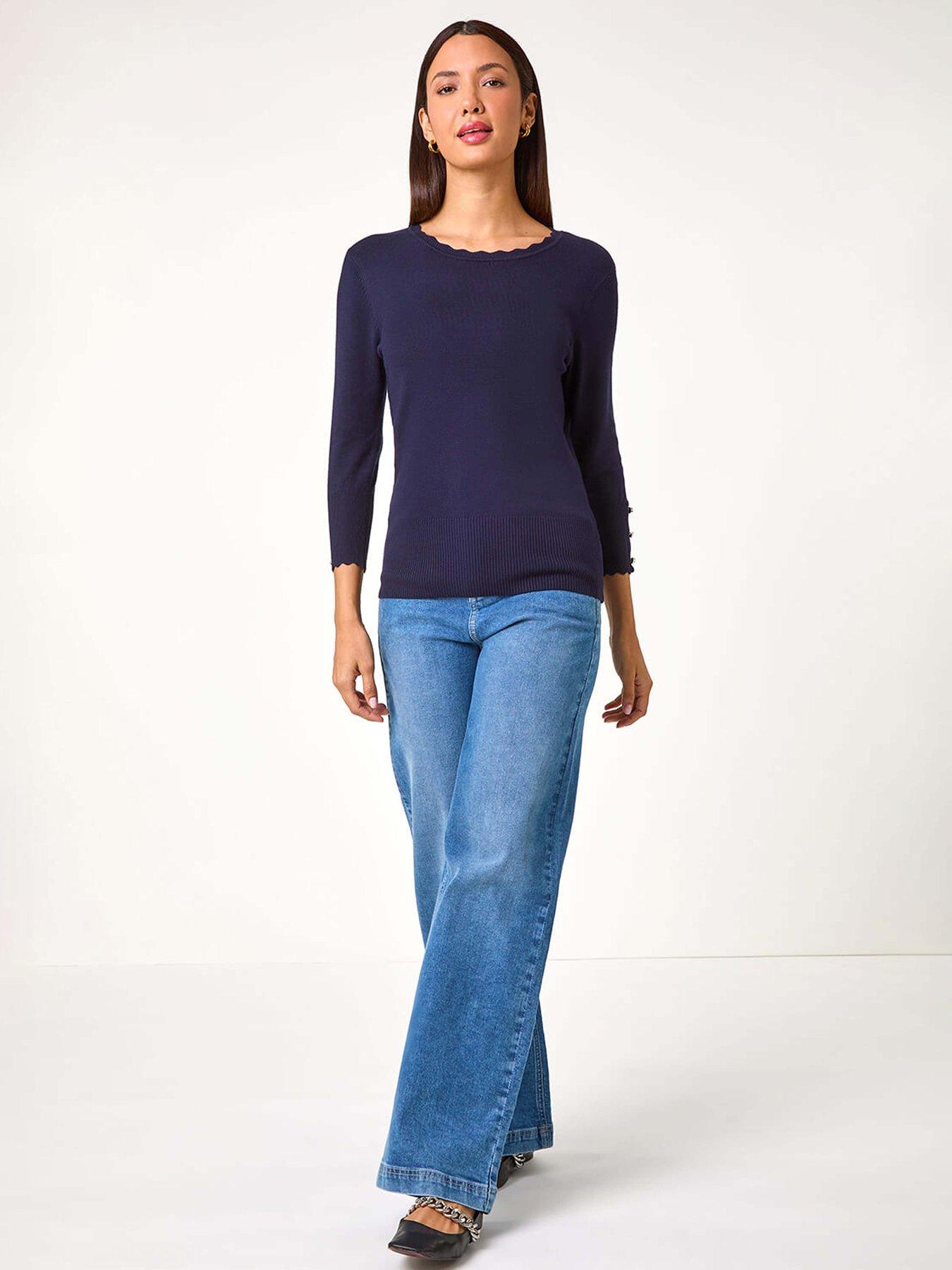 Image 4 of 5 of Roman Diamante Button Scallop Edge Jumper - Midnight Blue