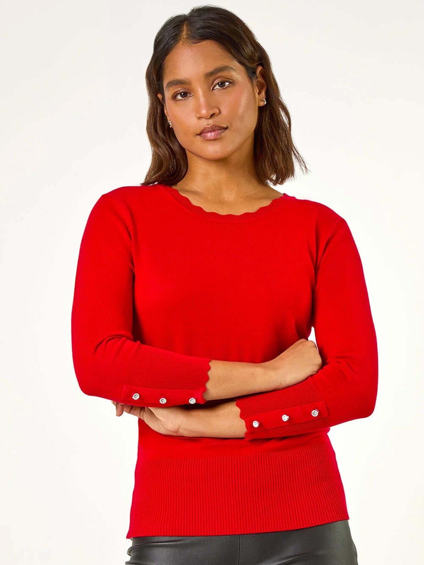 Roman Diamante Button Scallop Edge Jumper Red littlewoods