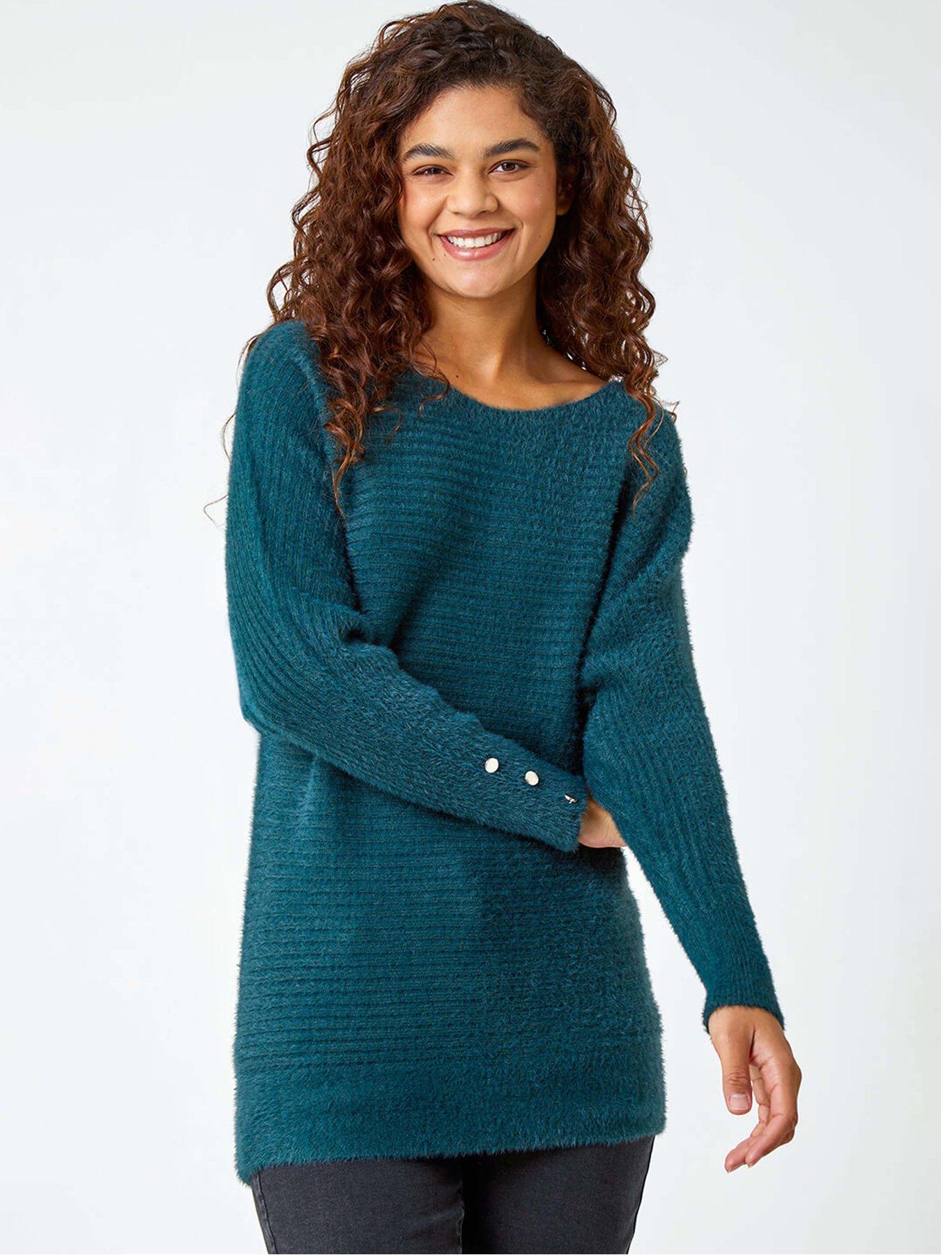 roman-button-sleeve-fluffy-longline-jumper-green