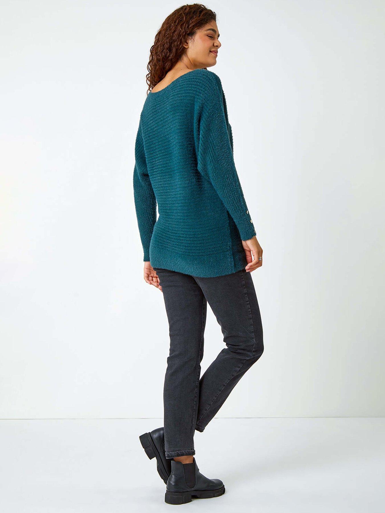 Image 2 of 5 of Roman Button Sleeve Fluffy Longline Jumper - Green
