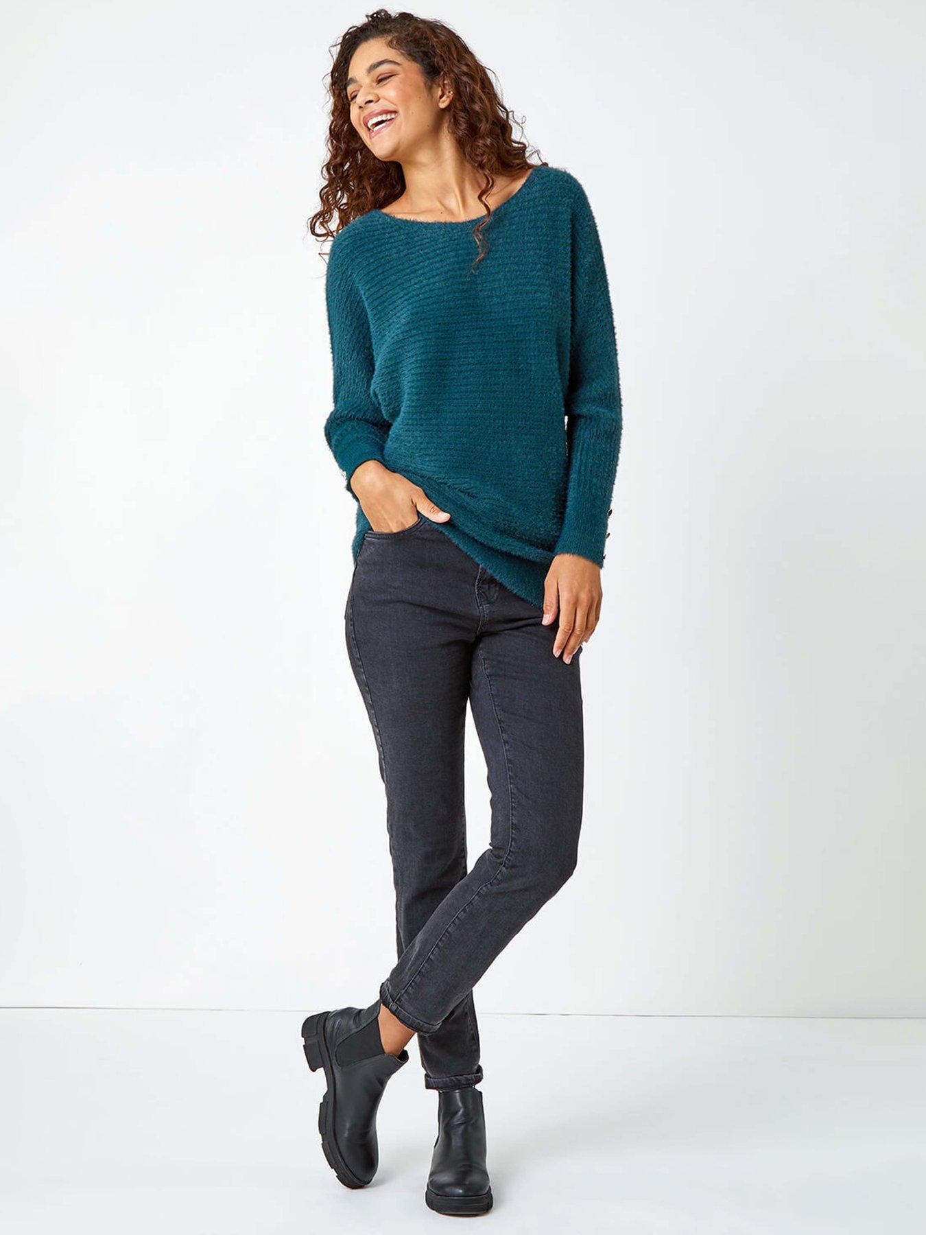 Image 3 of 5 of Roman Button Sleeve Fluffy Longline Jumper - Green