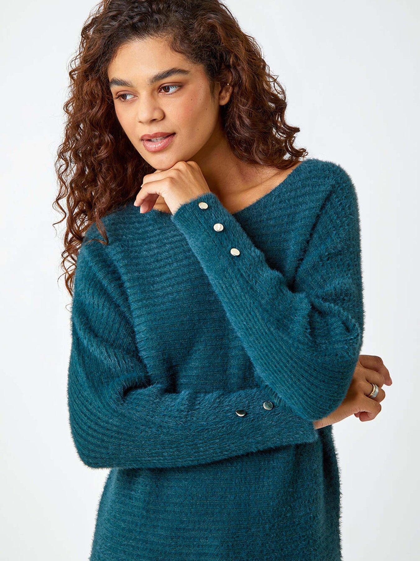 Image 4 of 5 of Roman Button Sleeve Fluffy Longline Jumper - Green