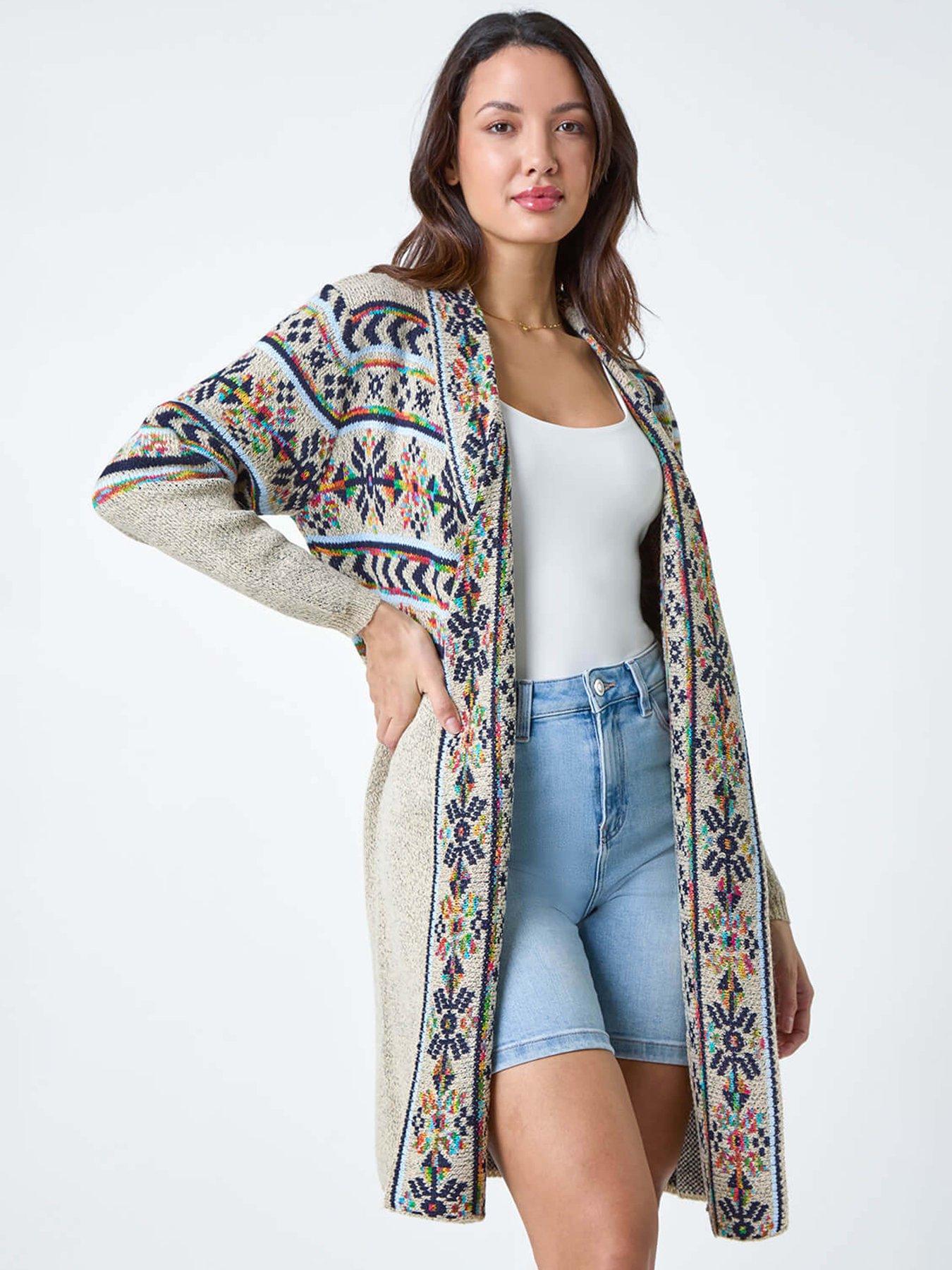 undefined Nordic Patterned Longline Cardigan - Natural