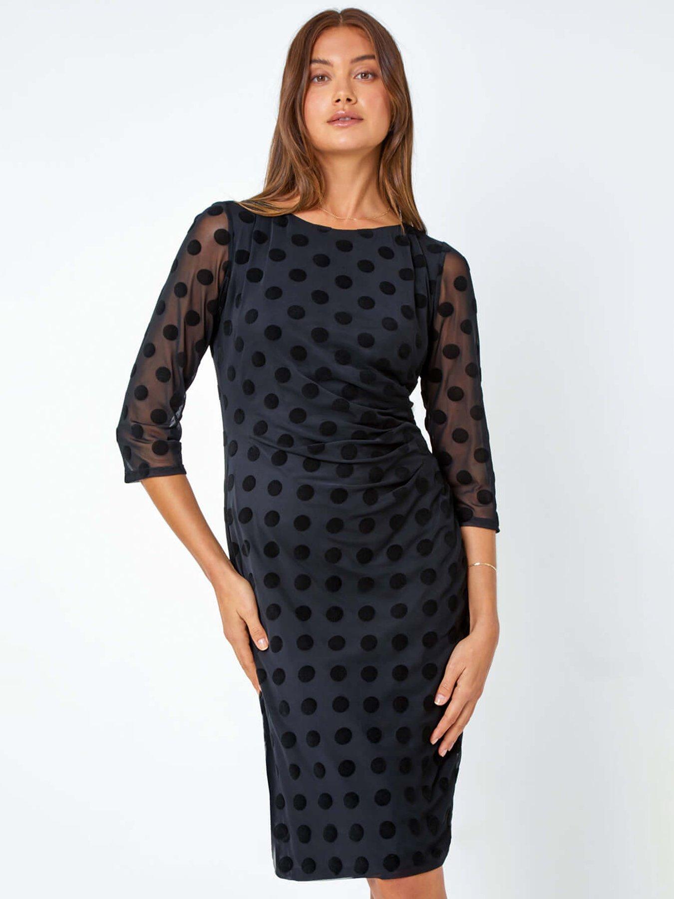 Image 1 of 5 of Roman Polka Dot Ruched Stretch Dress - Black