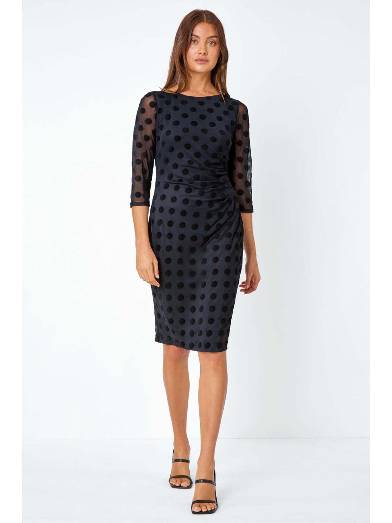 Image 3 of 5 of Roman Polka Dot Ruched Stretch Dress - Black