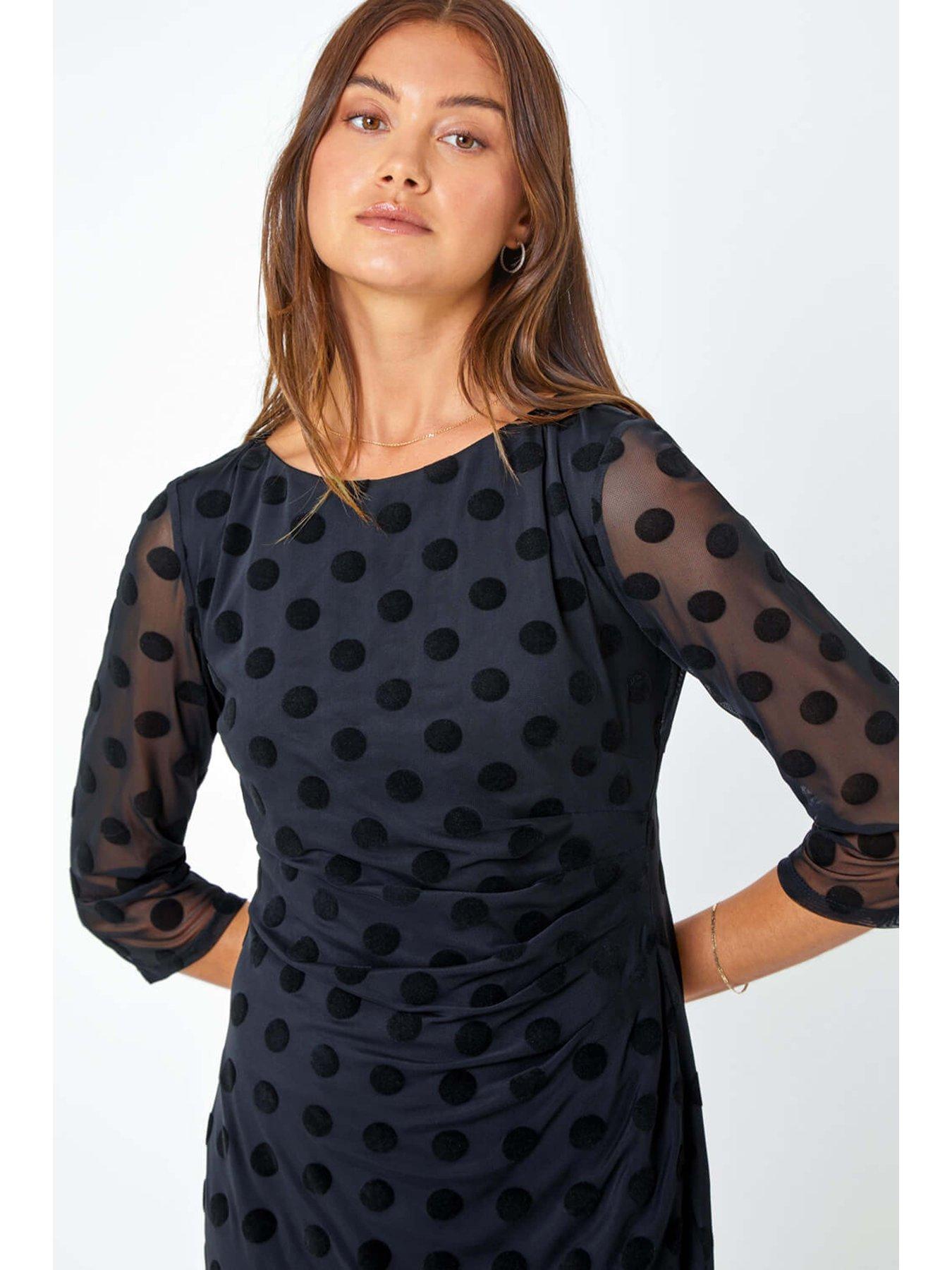 Image 4 of 5 of Roman Polka Dot Ruched Stretch Dress - Black