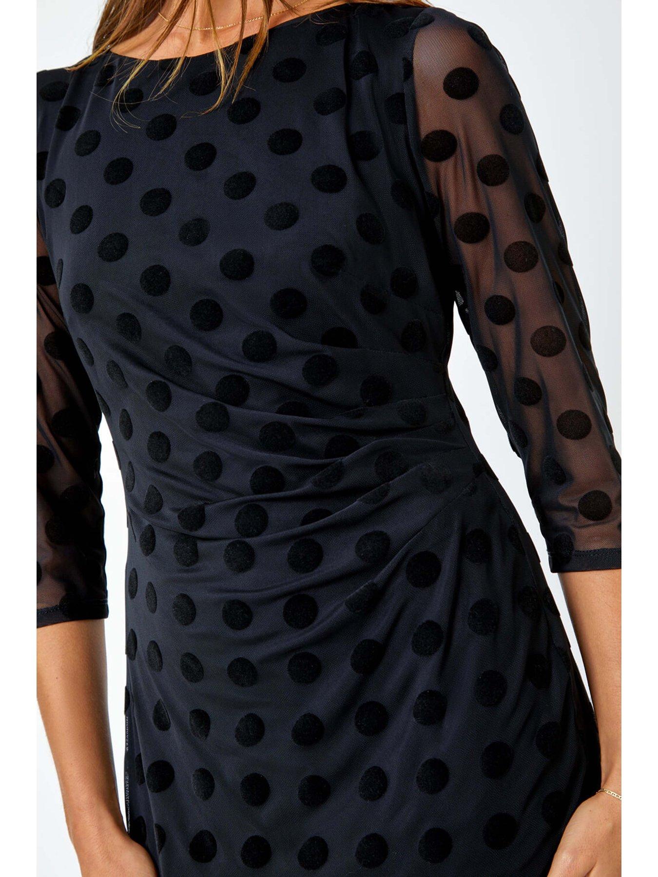 Image 5 of 5 of Roman Polka Dot Ruched Stretch Dress - Black
