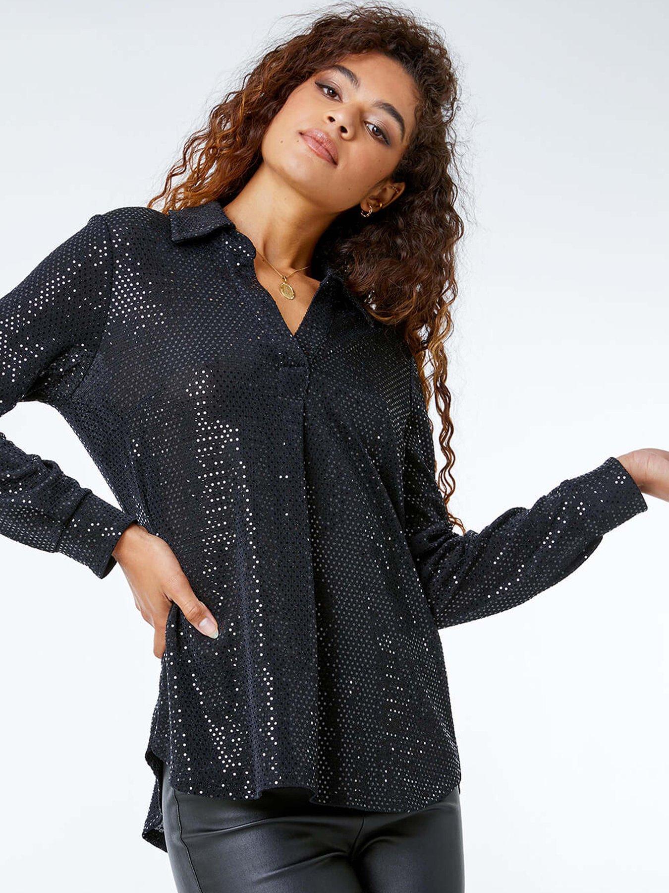  image of roman-stretch-sequin-v-neck-shirt-black