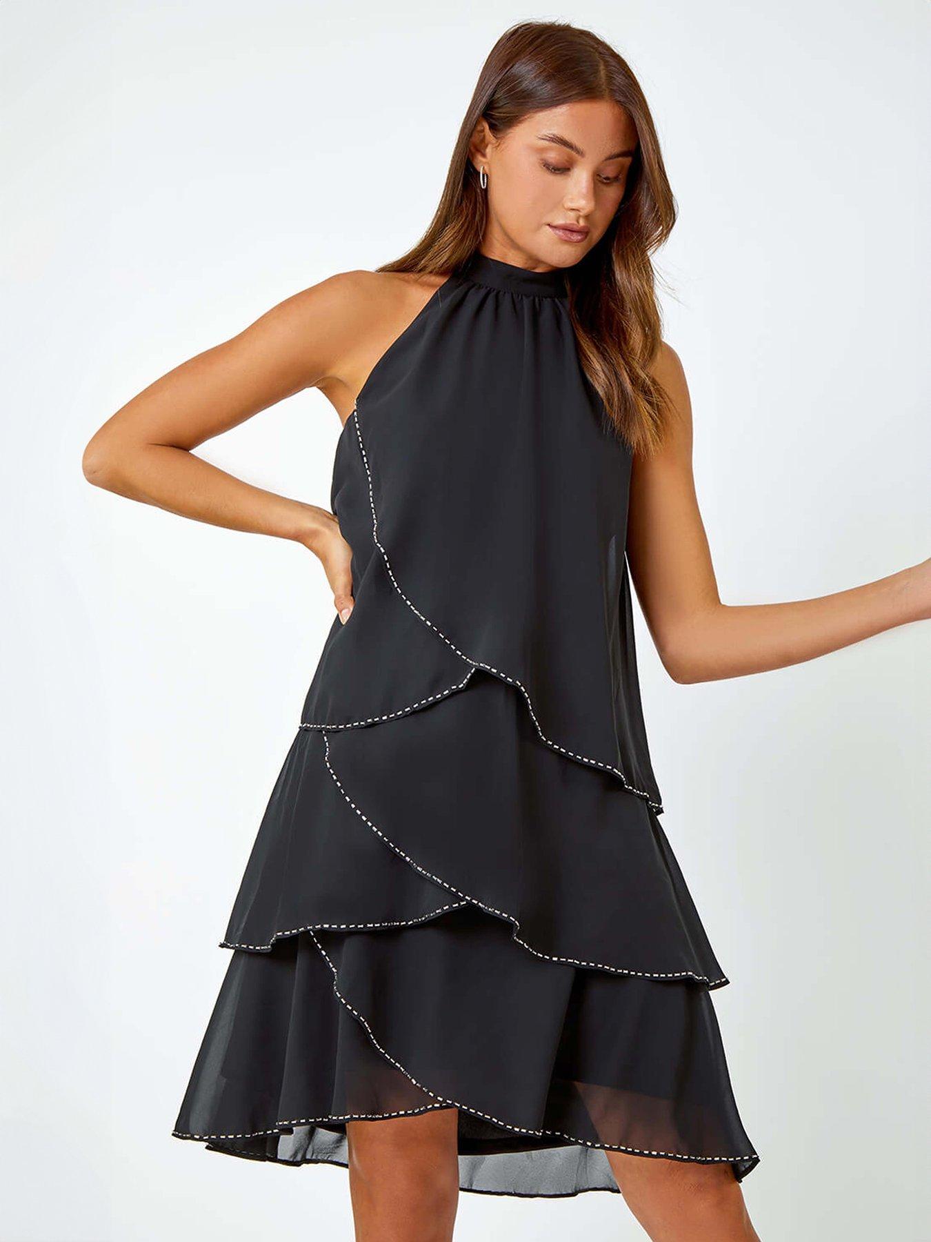 Image 1 of 5 of Roman Sequin Trim Tiered Halterneck Dress - Black