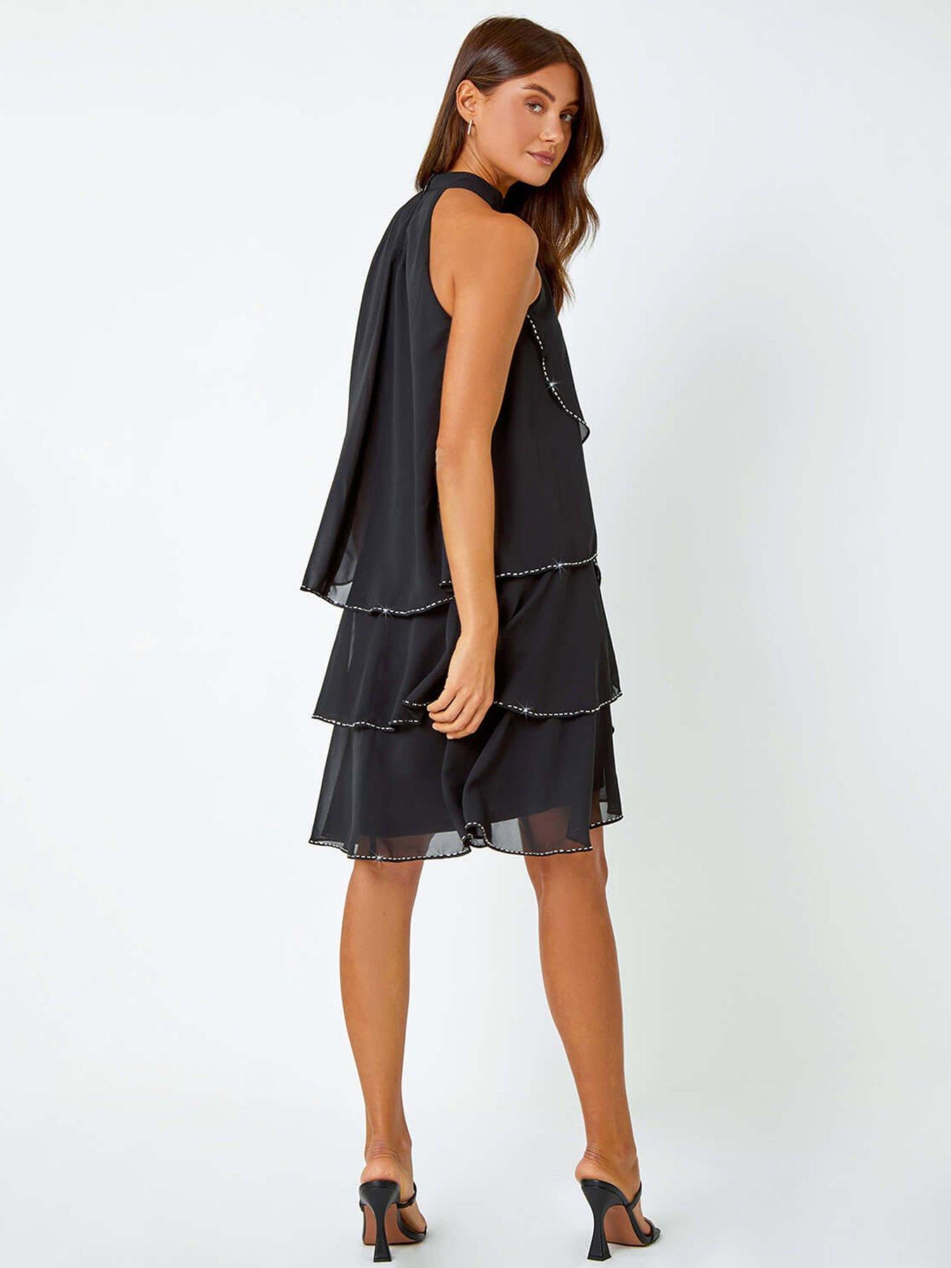 Image 2 of 5 of Roman Sequin Trim Tiered Halterneck Dress - Black
