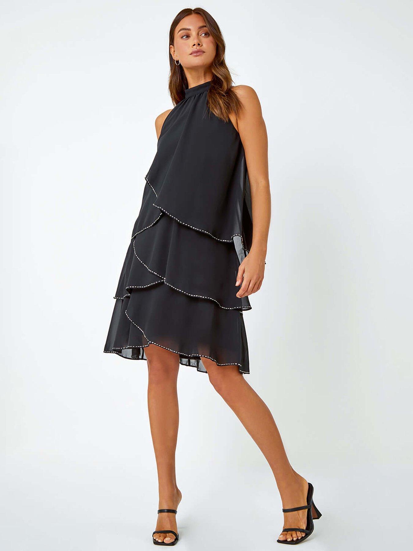 Image 3 of 5 of Roman Sequin Trim Tiered Halterneck Dress - Black