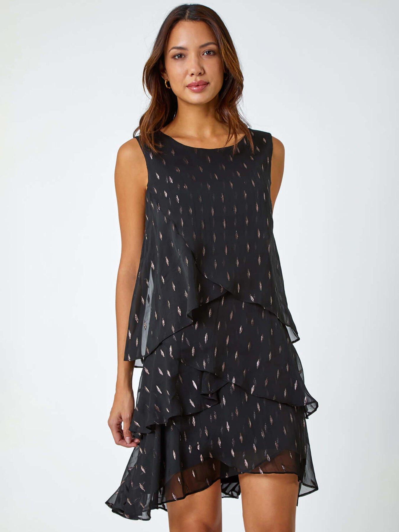 undefined Shimmer Foil Print Tiered Dress - Black