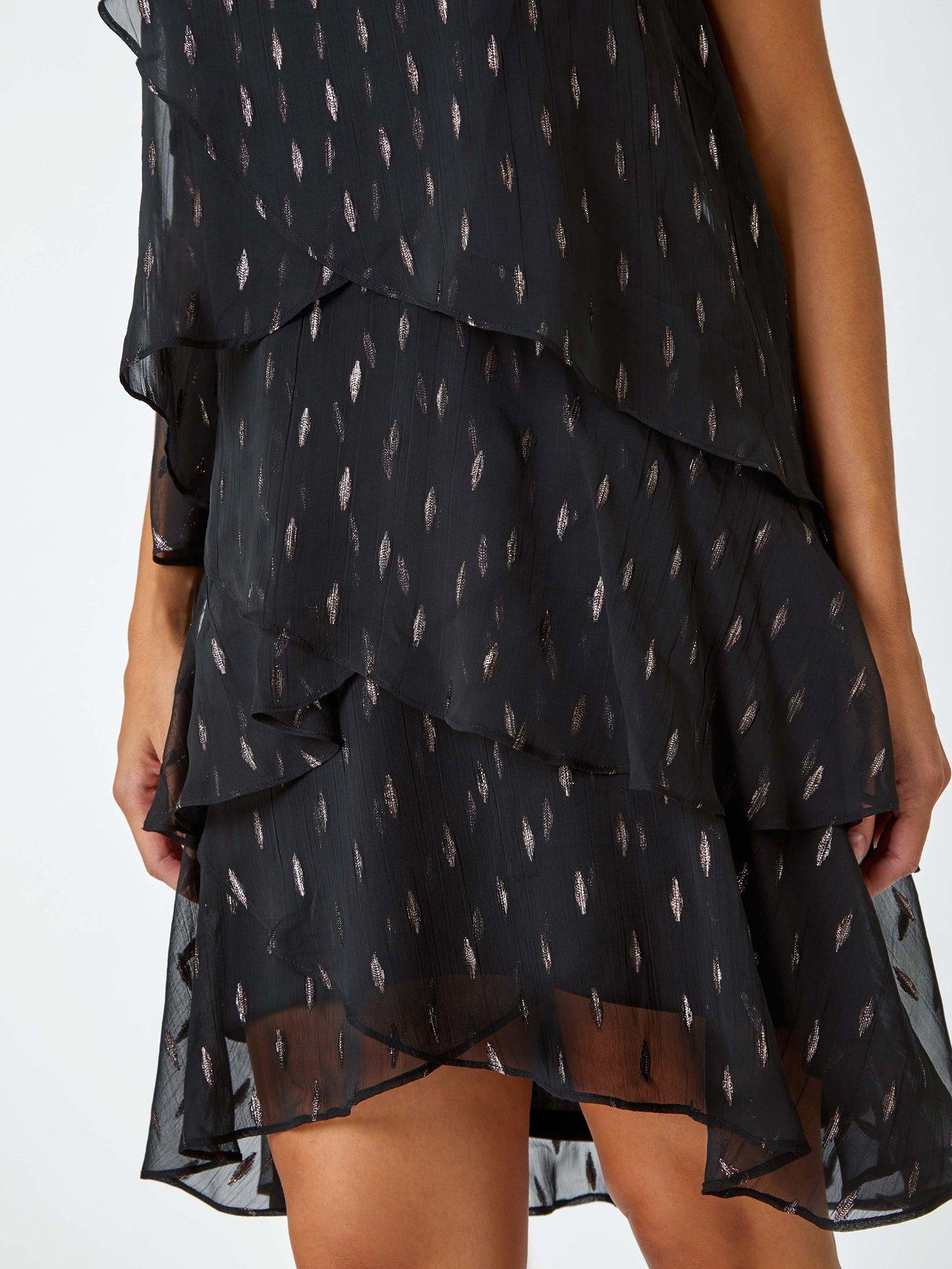 Image 5 of 5 of Roman Shimmer Foil Print Tiered Dress - Black