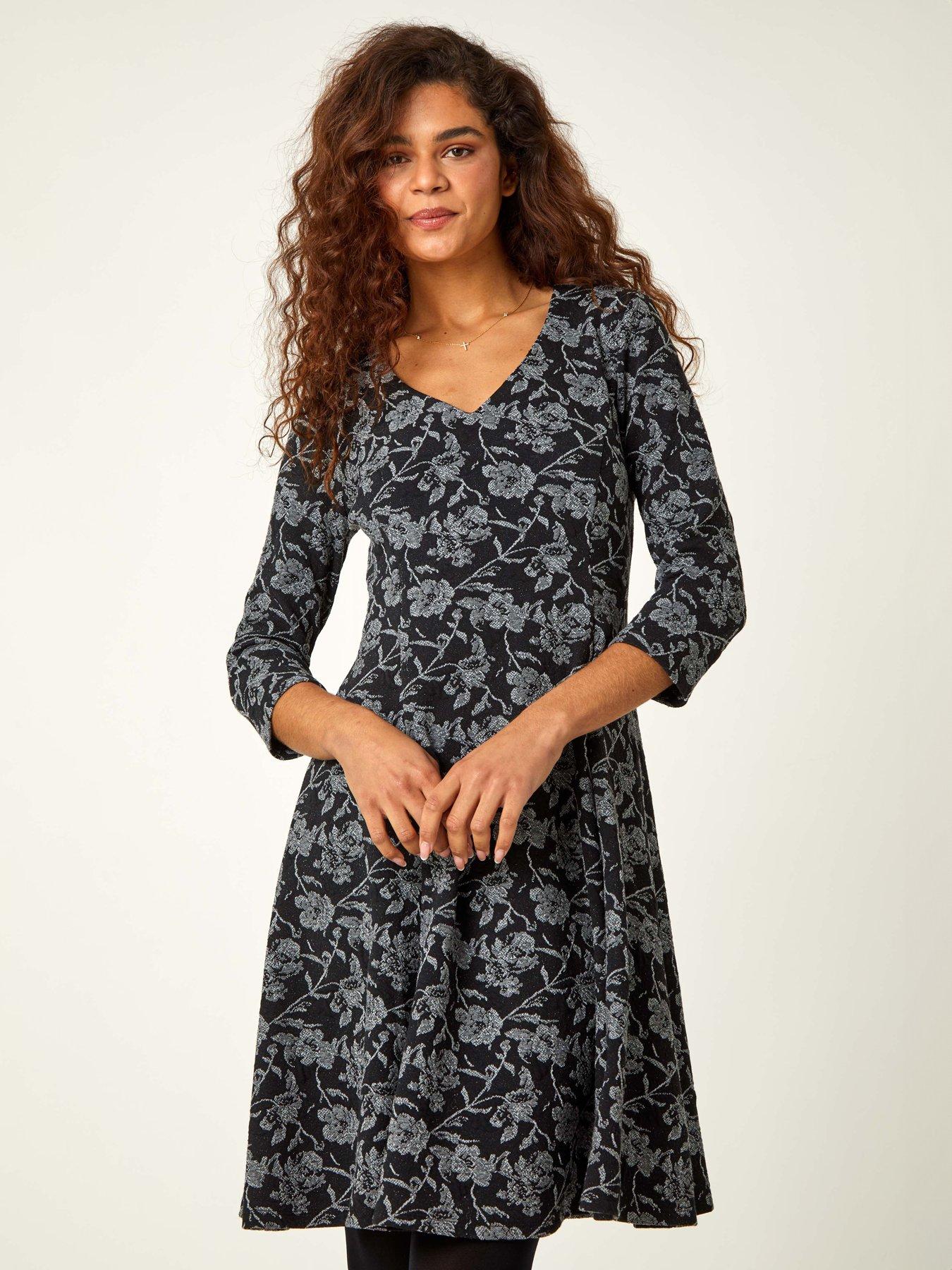 Roman Rose Print Cotton Blend Stretch Dress - Black