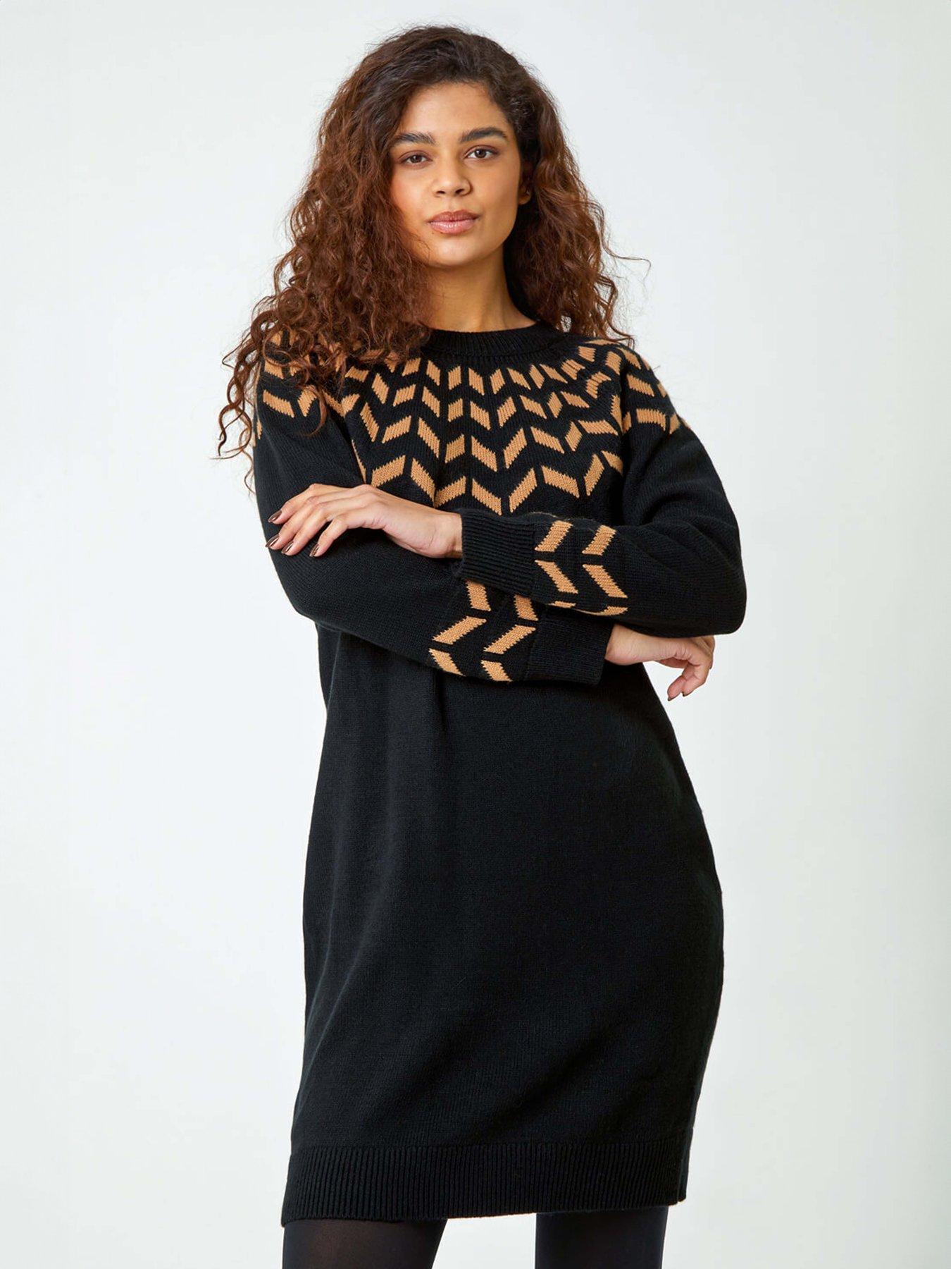 Roman Chevron Stretch Knit Jumper Dress - Camel