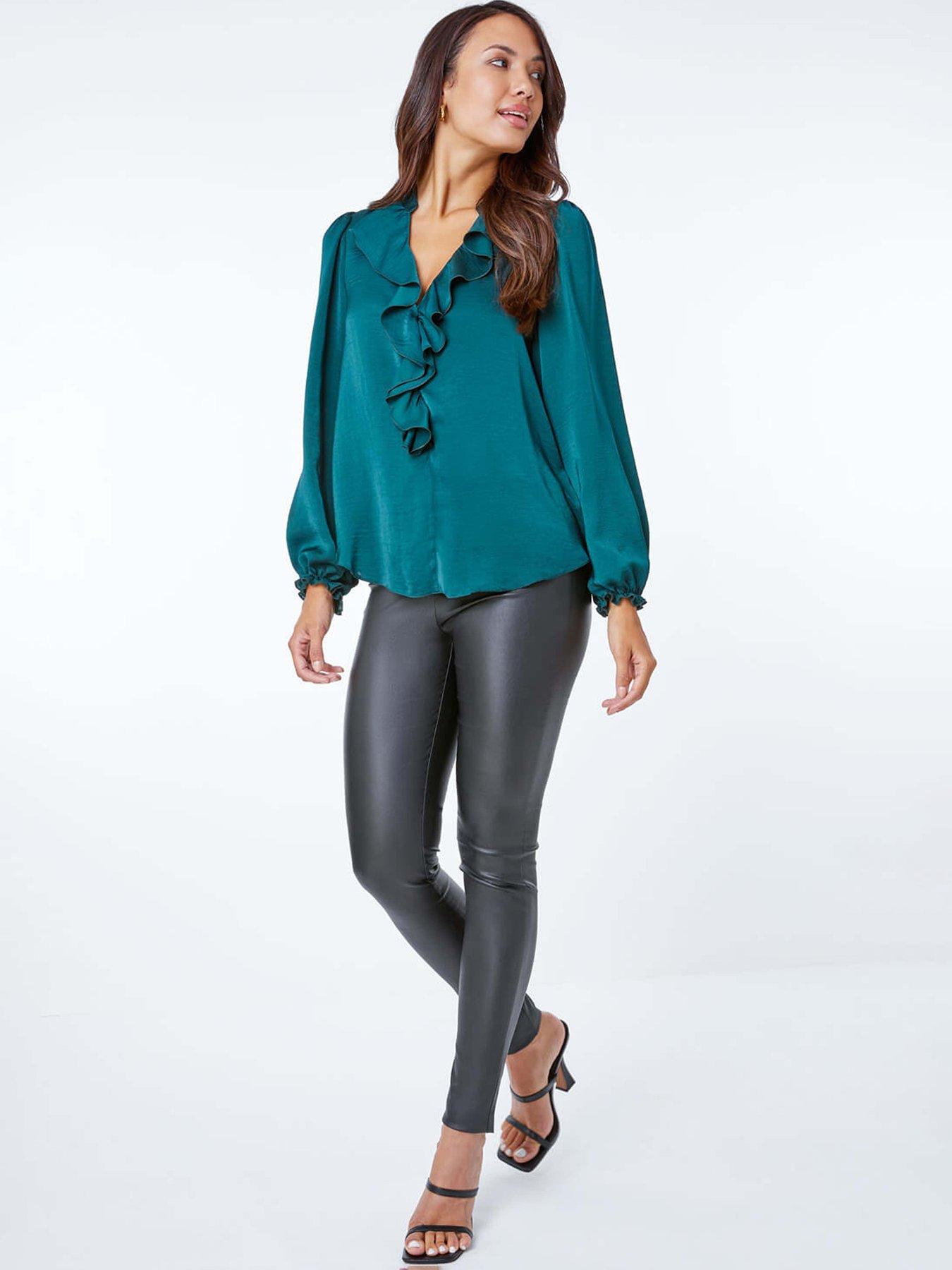 Roman Satin Ruffle Neck Blouse - Green