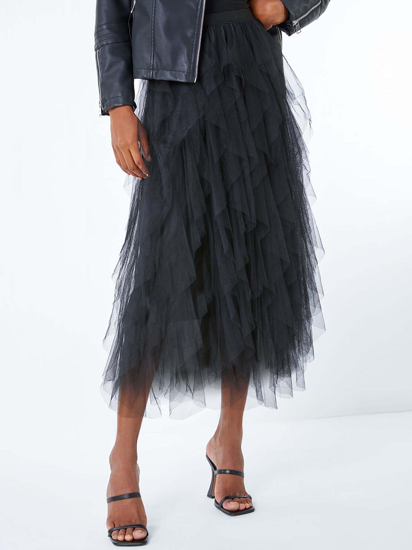 Image 1 of 4 of Roman Mesh Layered A Line Skirt - Black