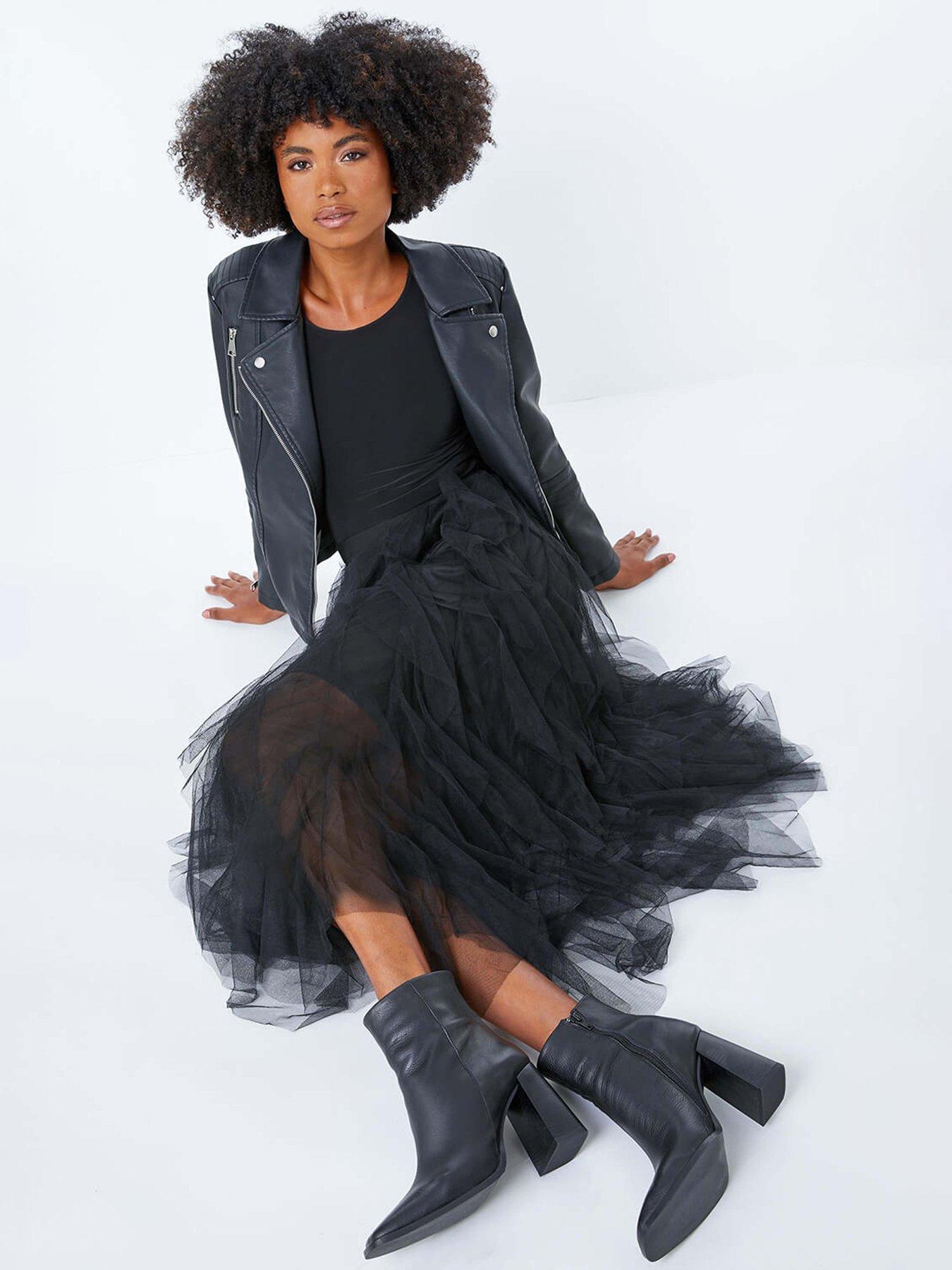 Image 4 of 4 of Roman Mesh Layered A Line Skirt - Black