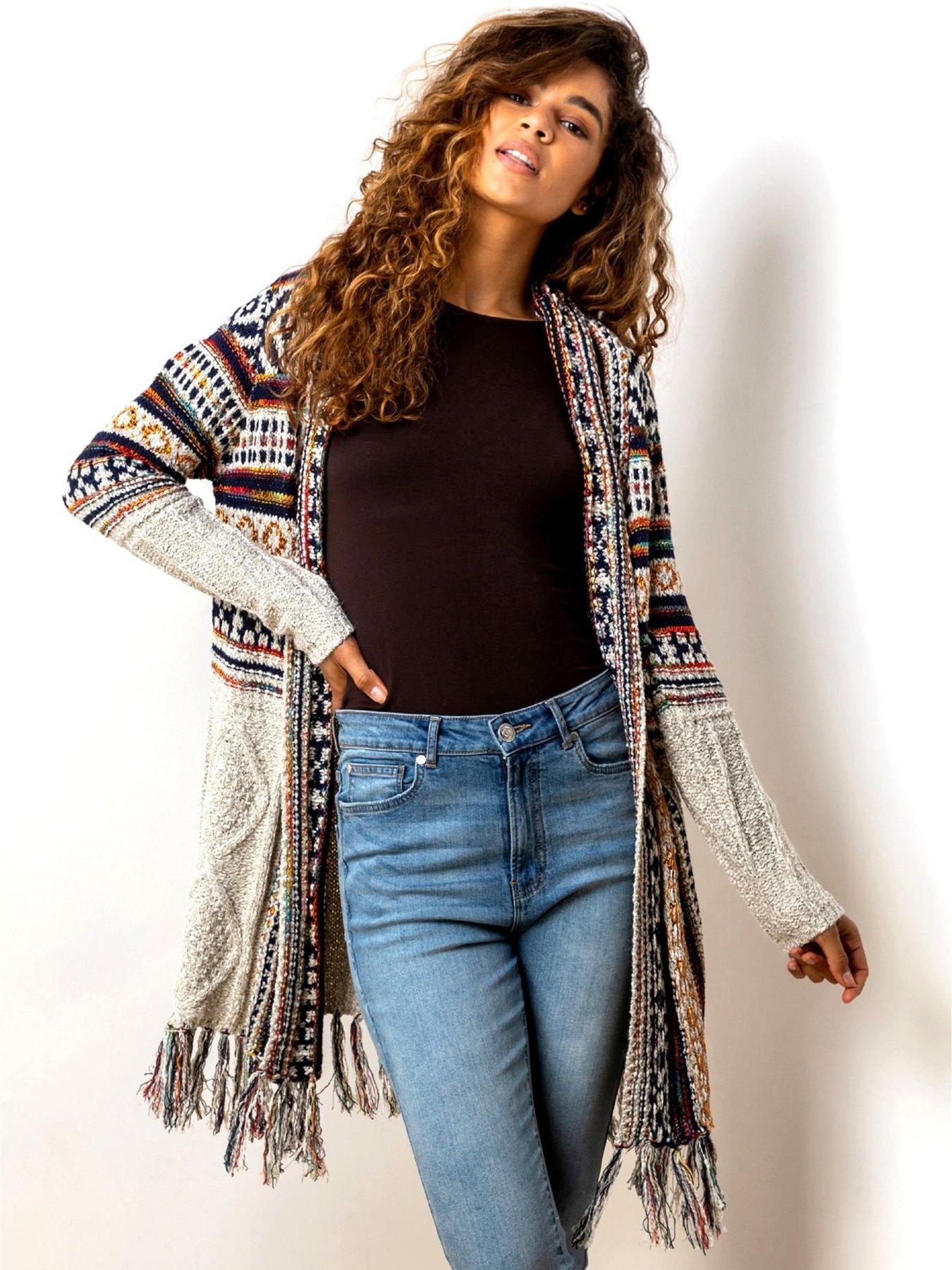 Image 1 of 6 of Roman Aztec Print Tassel Hem Longline Cardigan - Natural