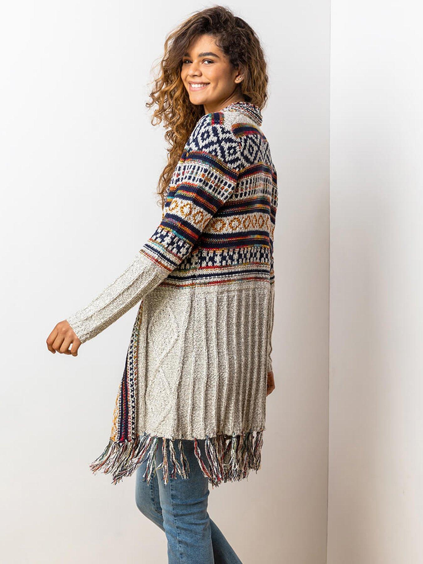 Image 2 of 6 of Roman Aztec Print Tassel Hem Longline Cardigan - Natural