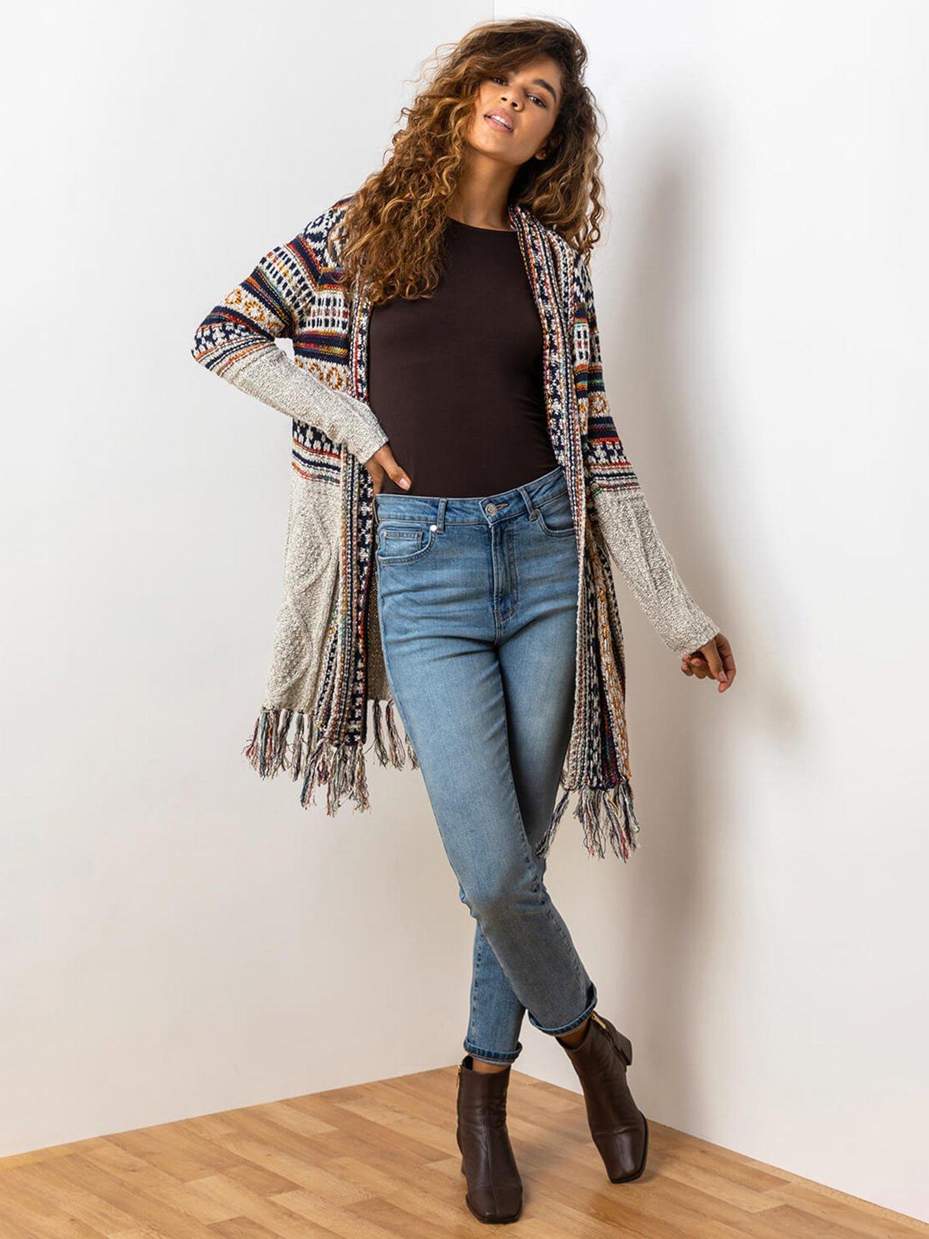 Image 3 of 6 of Roman Aztec Print Tassel Hem Longline Cardigan - Natural