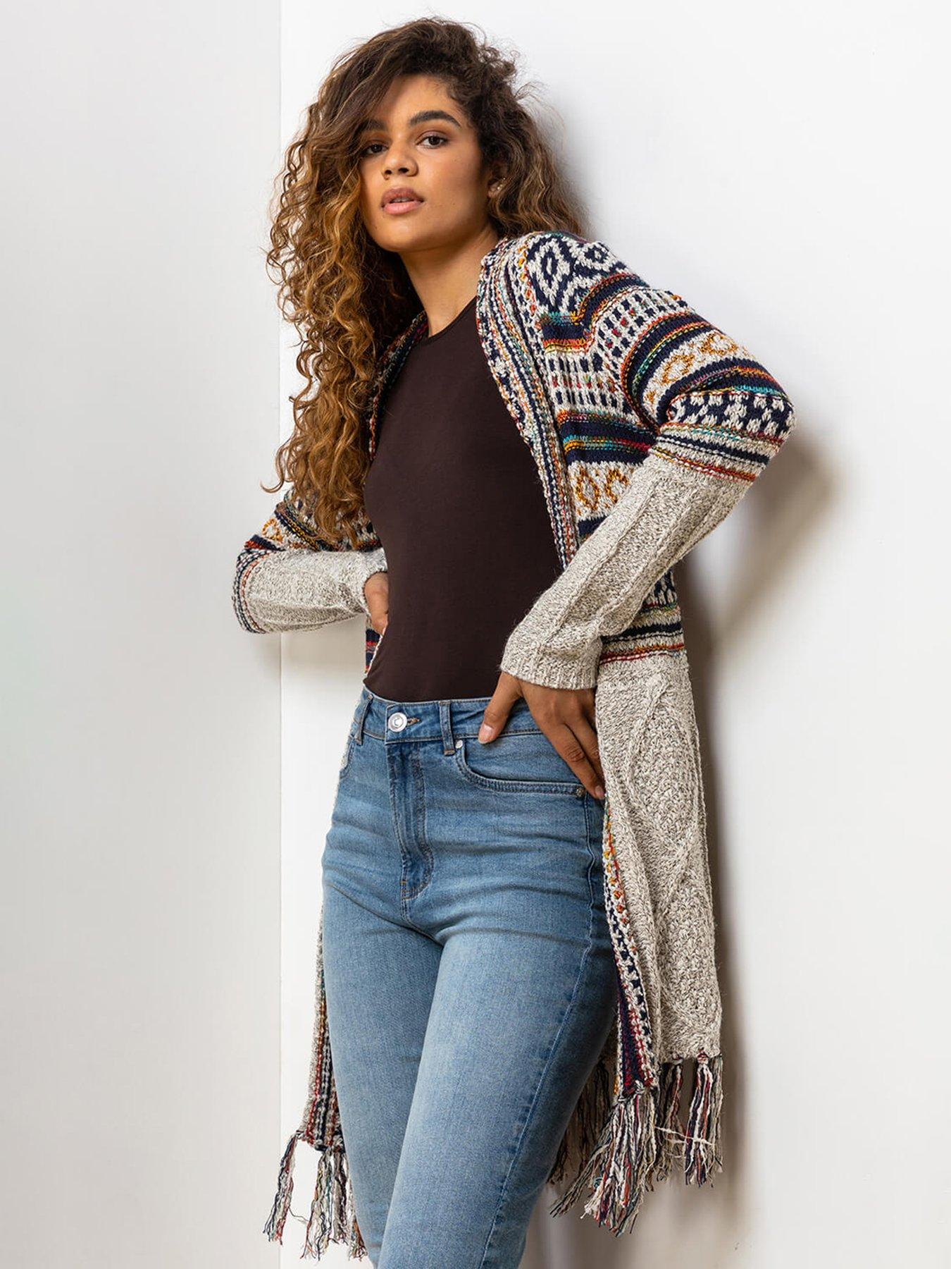 Image 4 of 6 of Roman Aztec Print Tassel Hem Longline Cardigan - Natural