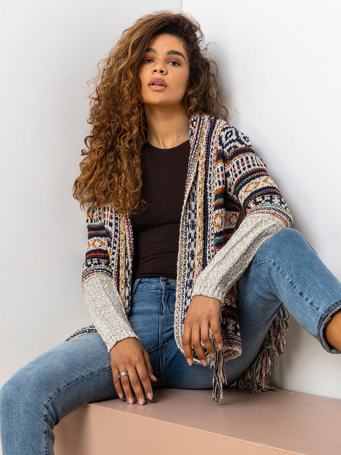 Image 5 of 6 of Roman Aztec Print Tassel Hem Longline Cardigan - Natural