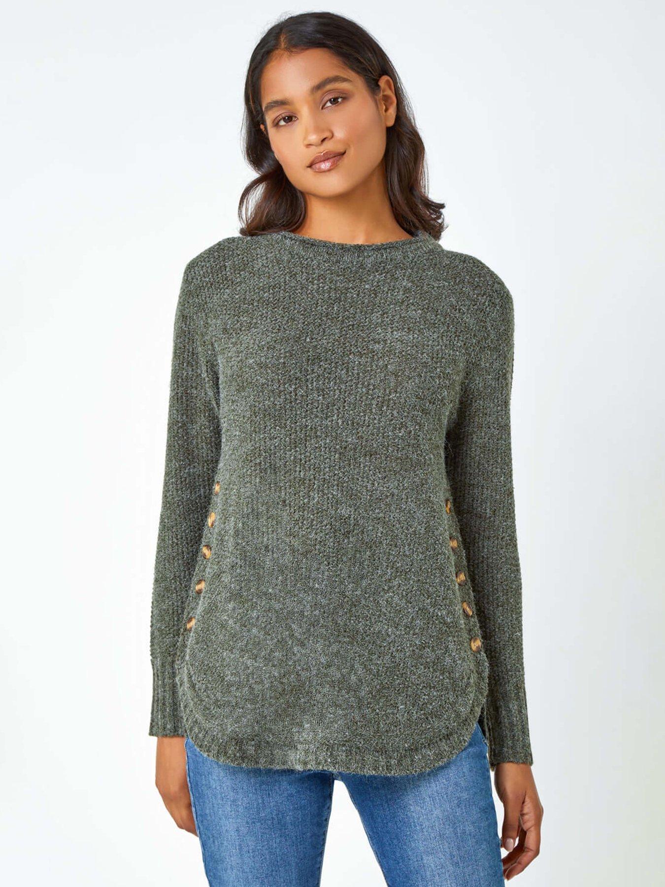 undefined Button Detail Curved Hem Jumper - Khaki