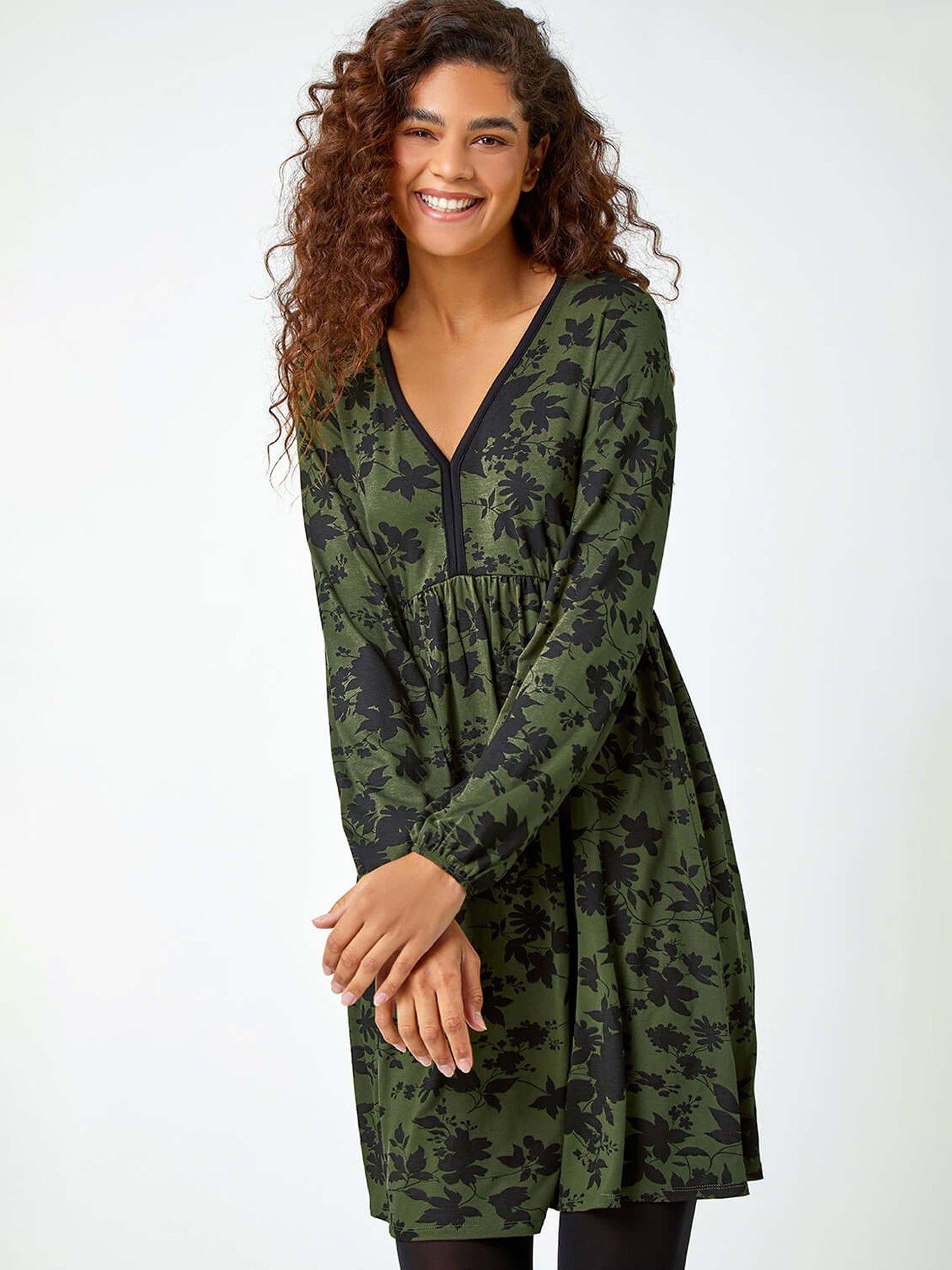 Roman Floral Contrast Trim Stretch Dress - Khaki