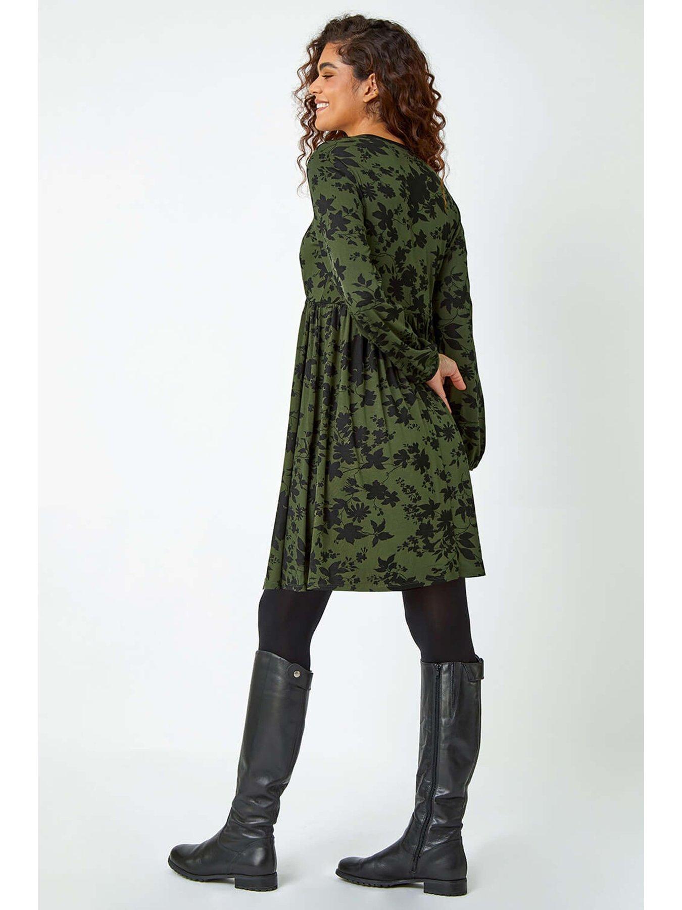 Image 2 of 5 of Roman Floral Contrast Trim Stretch Dress - Khaki