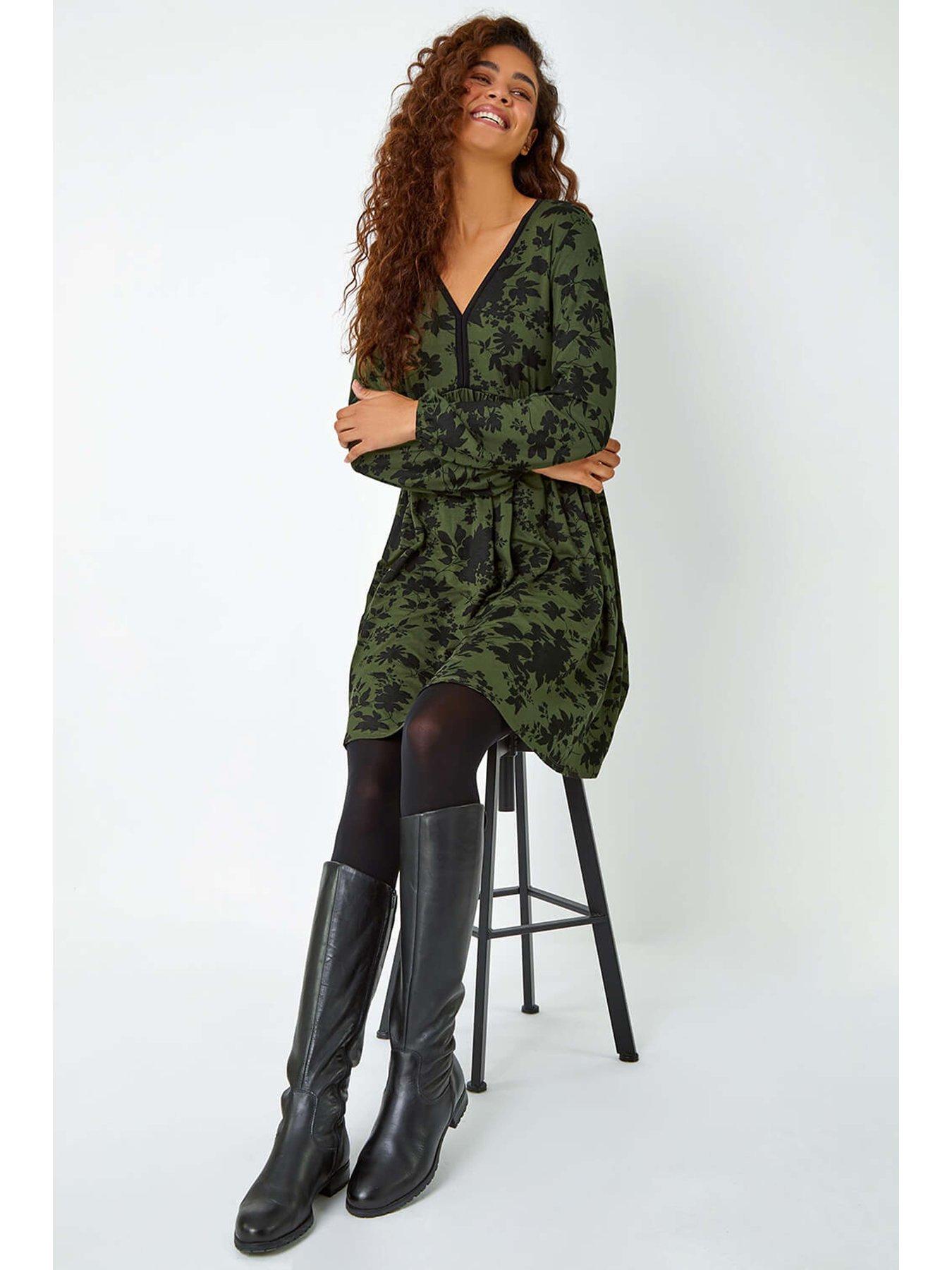 Image 3 of 5 of Roman Floral Contrast Trim Stretch Dress - Khaki