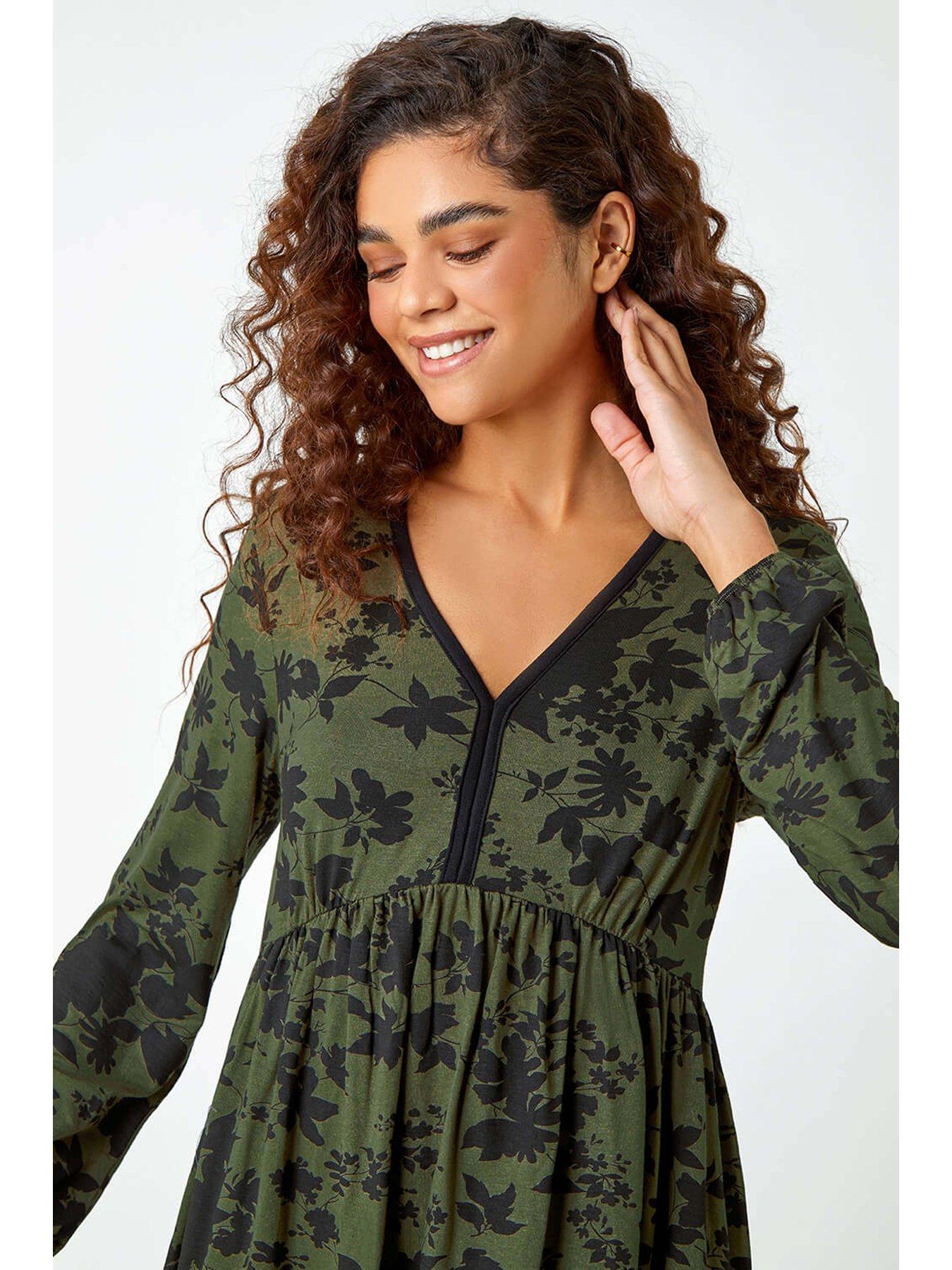 Image 4 of 5 of Roman Floral Contrast Trim Stretch Dress - Khaki