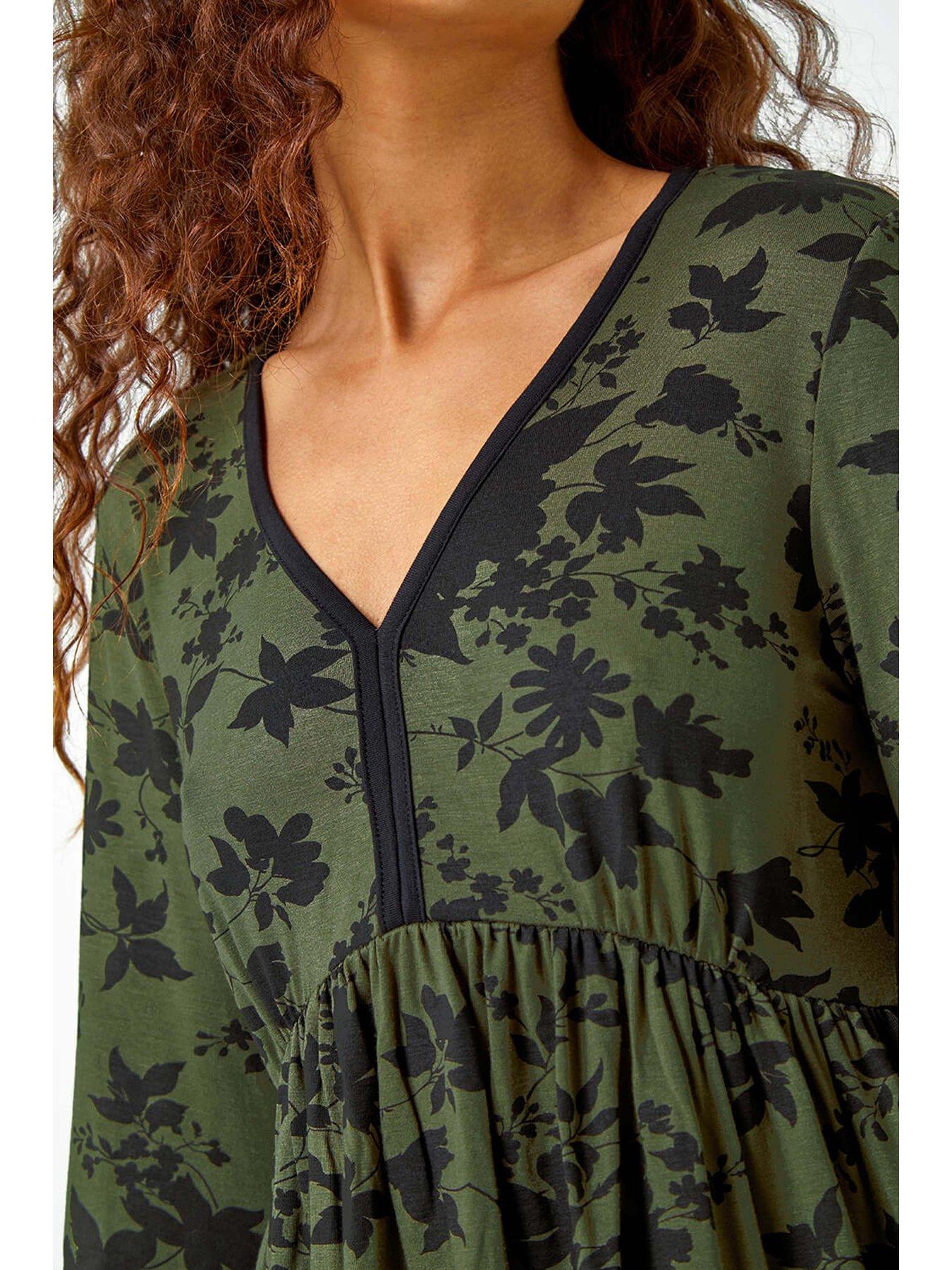 Image 5 of 5 of Roman Floral Contrast Trim Stretch Dress - Khaki