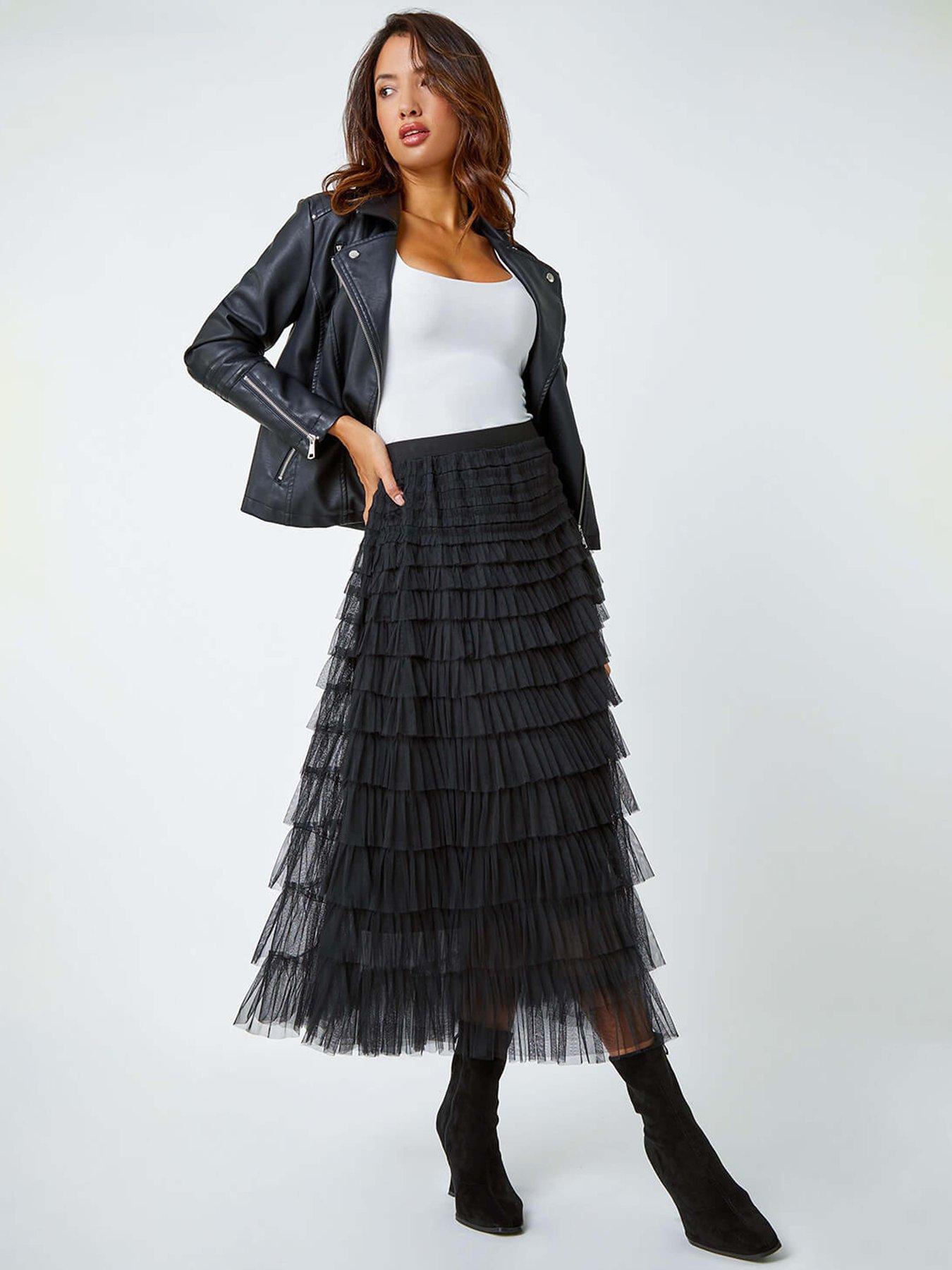 Image 4 of 5 of Roman Elasticated Mesh Tiered Ruffle Skirt - Black