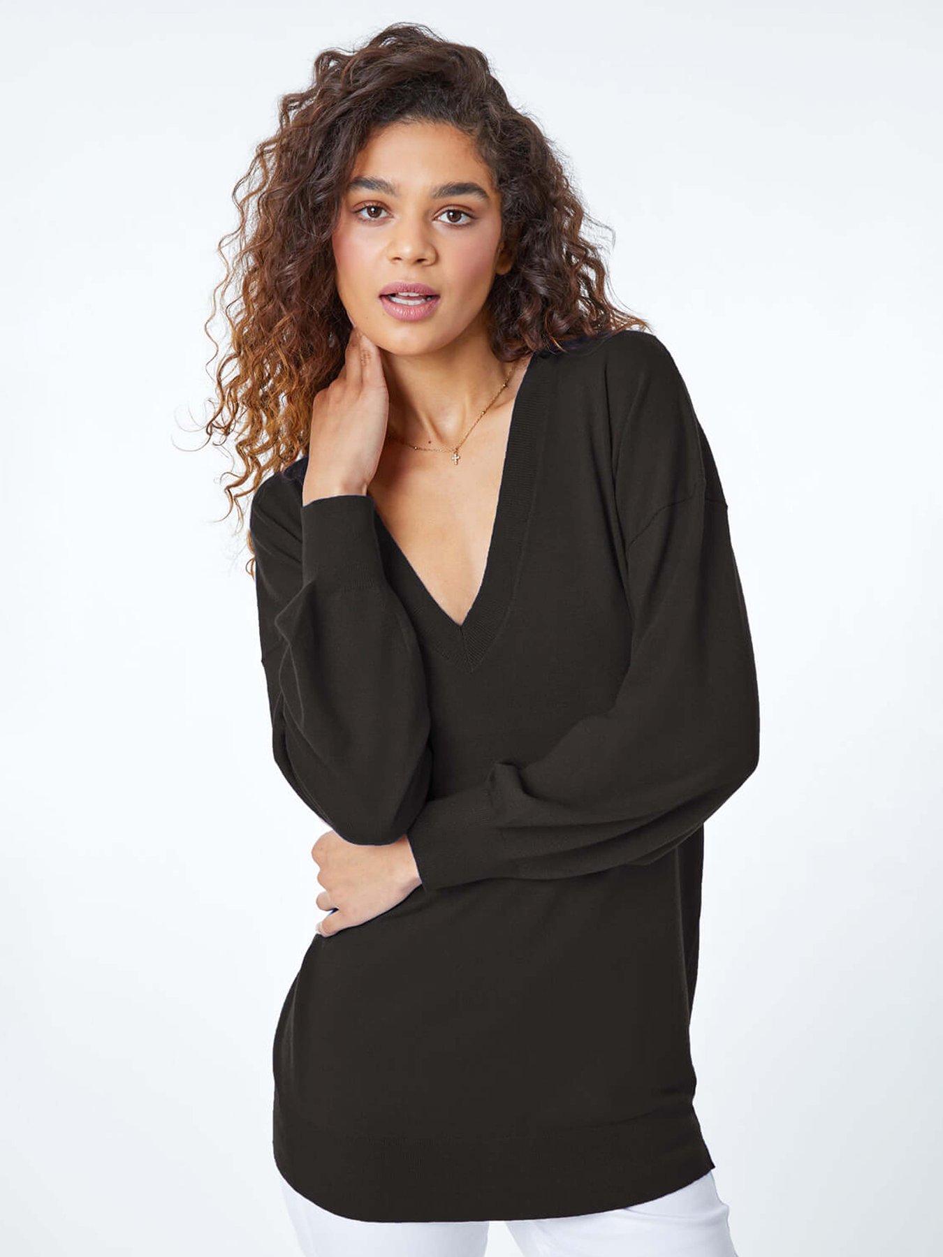  image of roman-plain-stretch-v-neck-longline-jumper-black