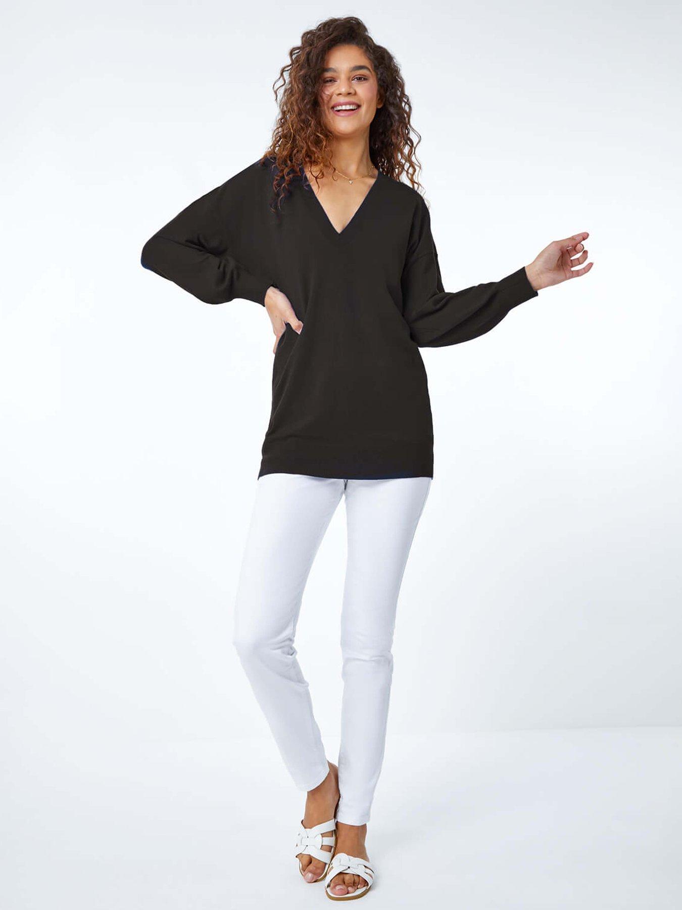  image of roman-plain-stretch-v-neck-longline-jumper-black