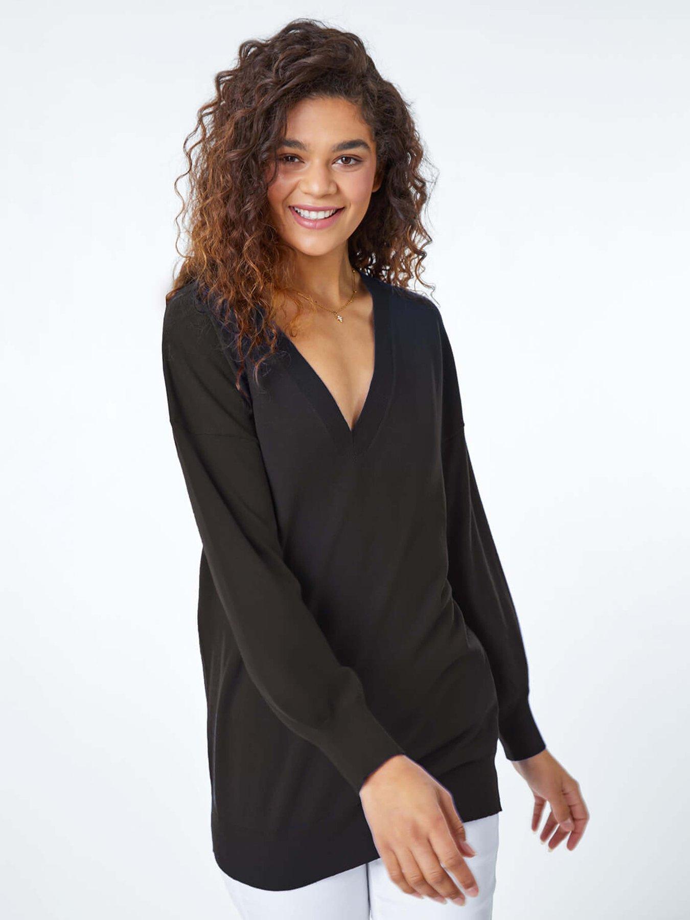 image of roman-plain-stretch-v-neck-longline-jumper-black