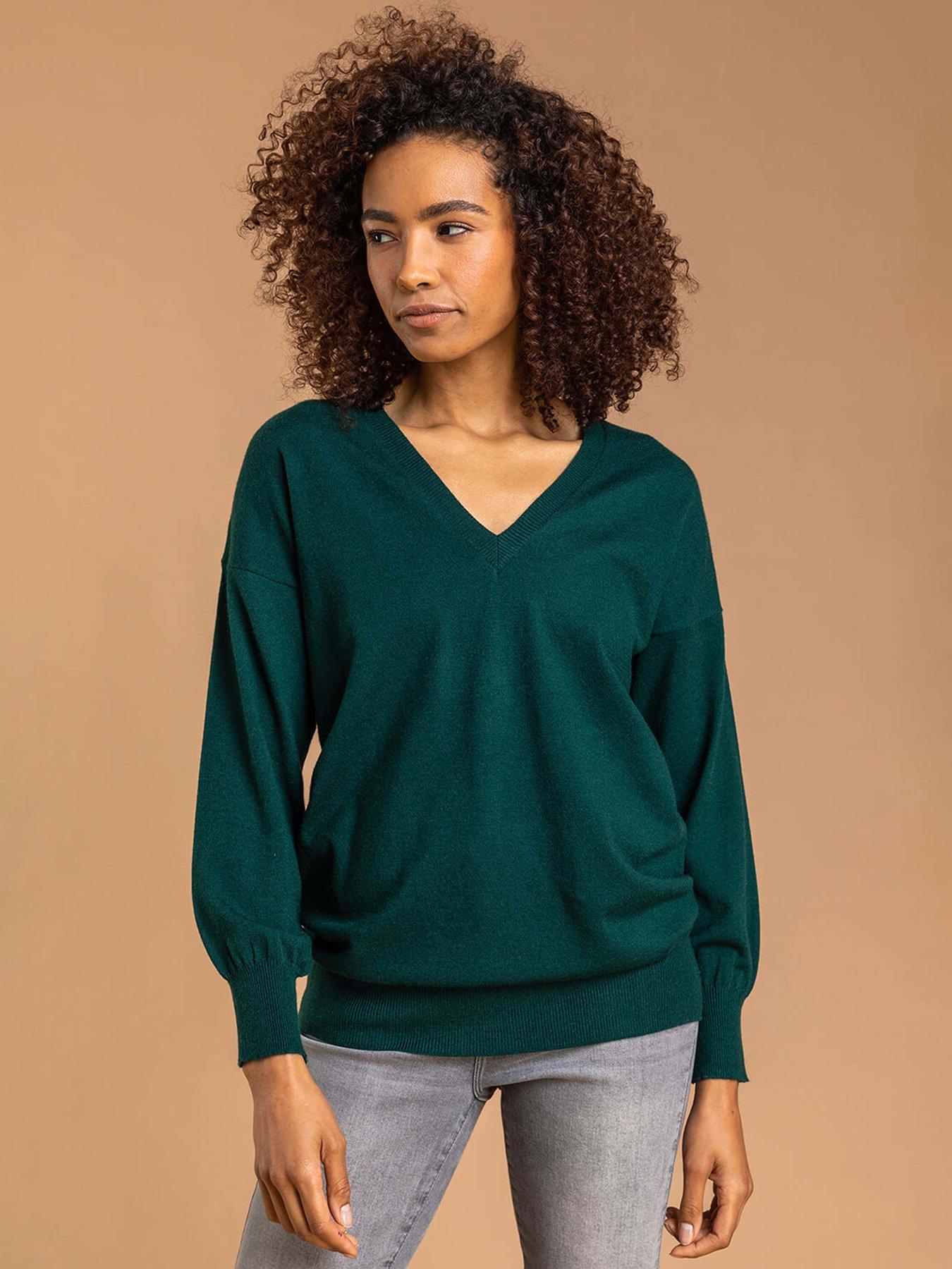 undefined Plain V-neck Stretch Longline Jumper - Dark Green
